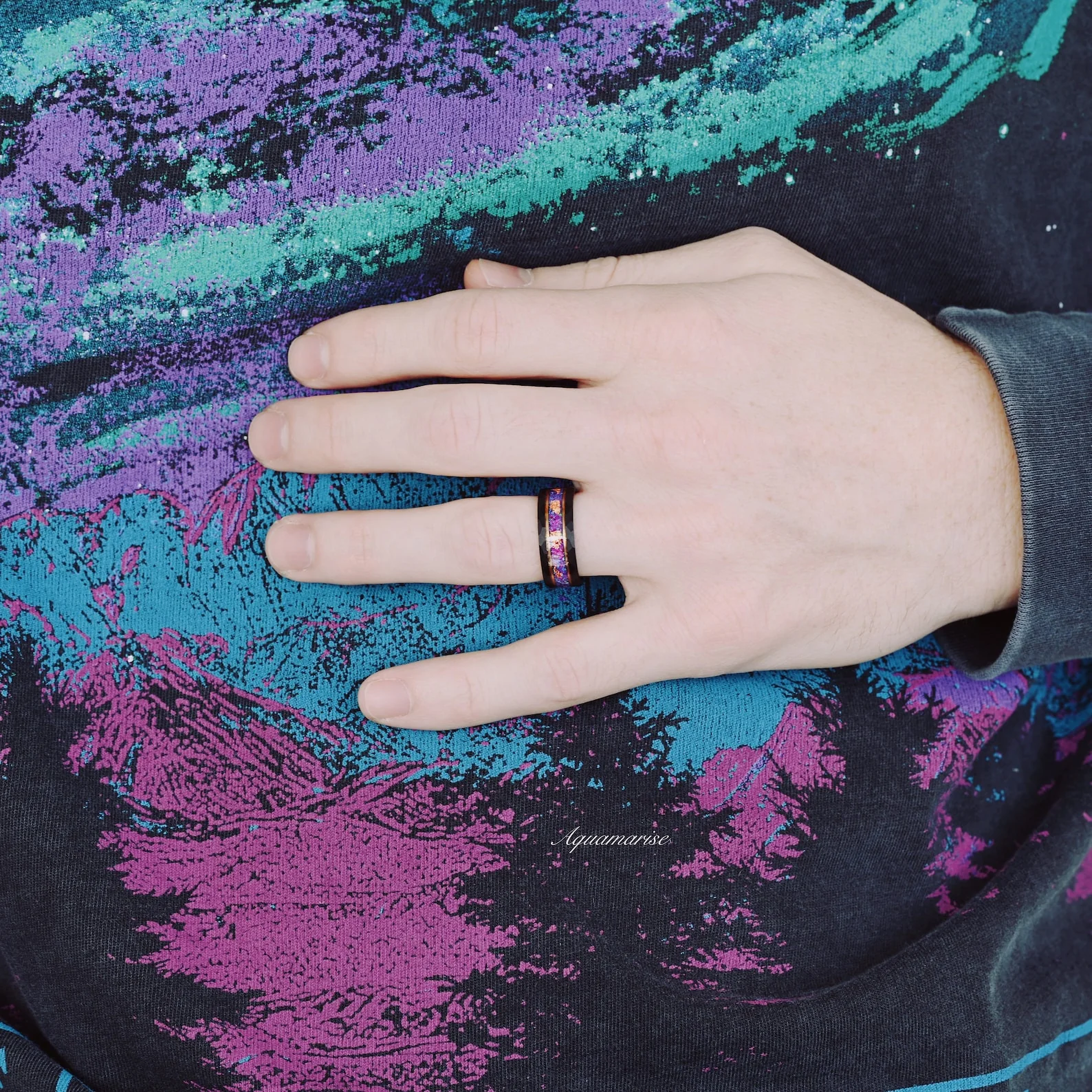 Purple Fire Opal & Rose Gold Leaf Band - 8MM Black Tungsten Carbide - Image 6