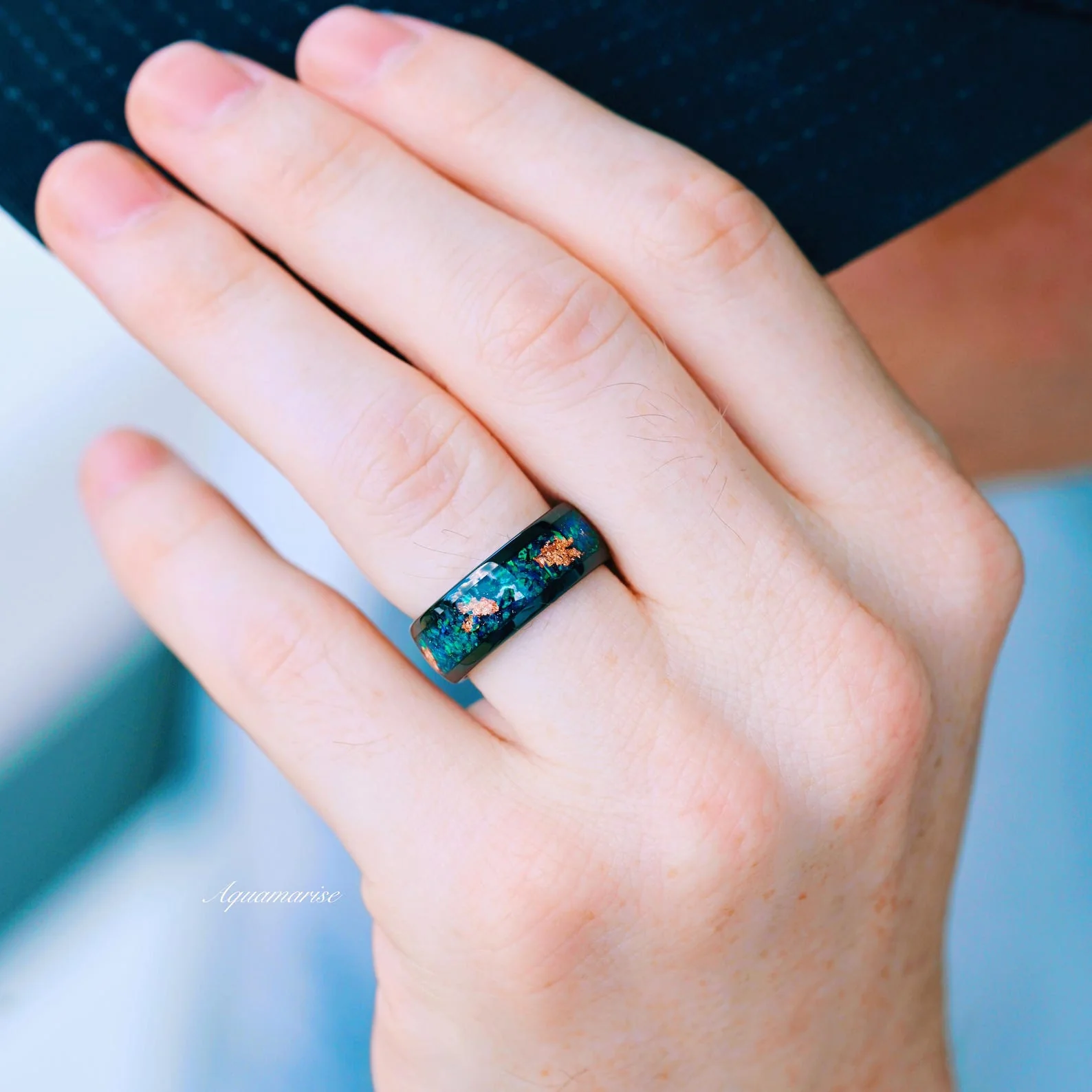 Peacock Green Fire Opal Wedding Band- 8MM Black Tungsten - Image 5