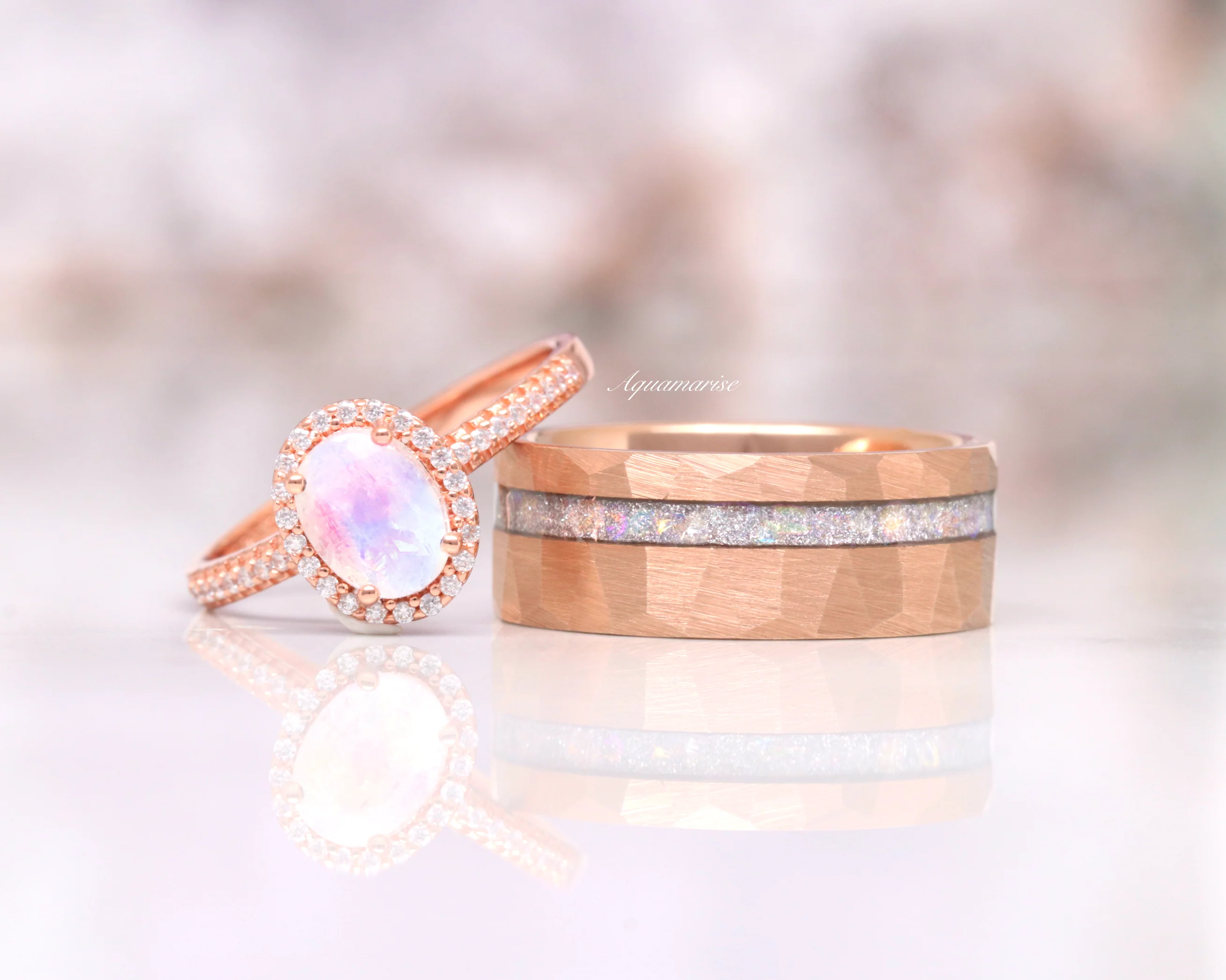 Moonstone Hammered Wedding Band in Rose Gold Tungsten Carbide (8mm) - Image 3