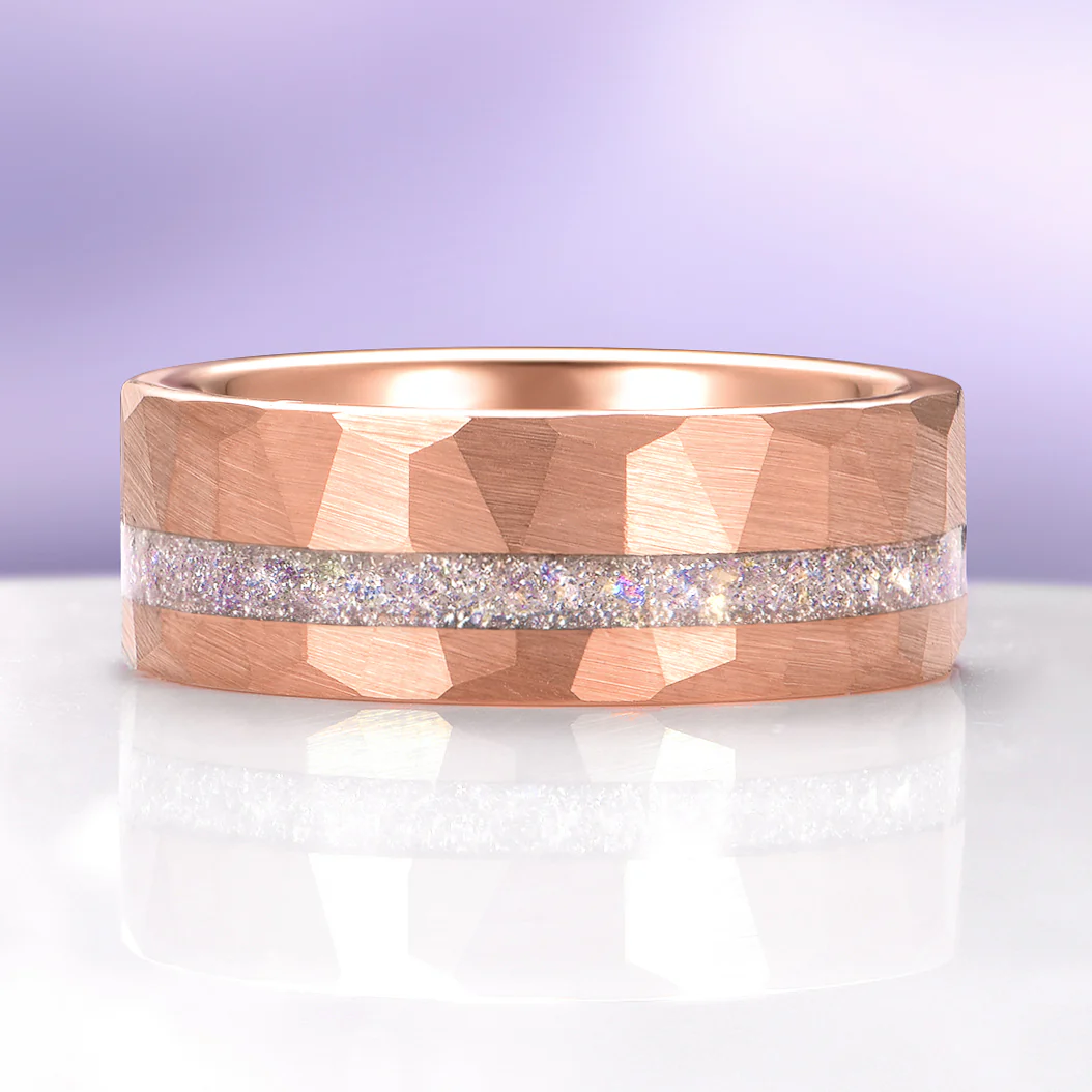 Moonstone Hammered Wedding Band in Rose Gold Tungsten Carbide (8mm) - Image 4