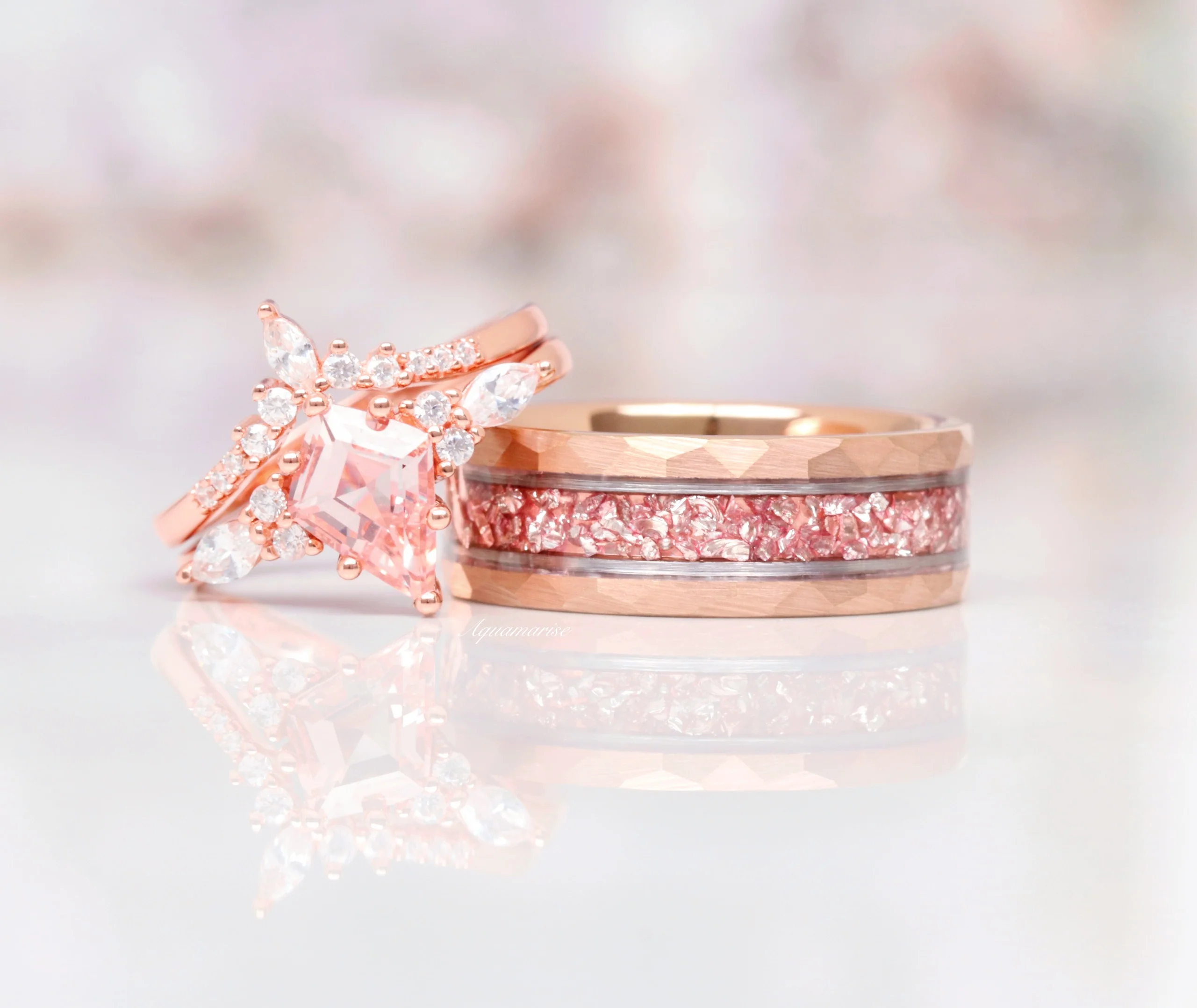 Crushed Morganite Wedding Band in Two-Tone Tungsten Carbide (8mm) - Image 6