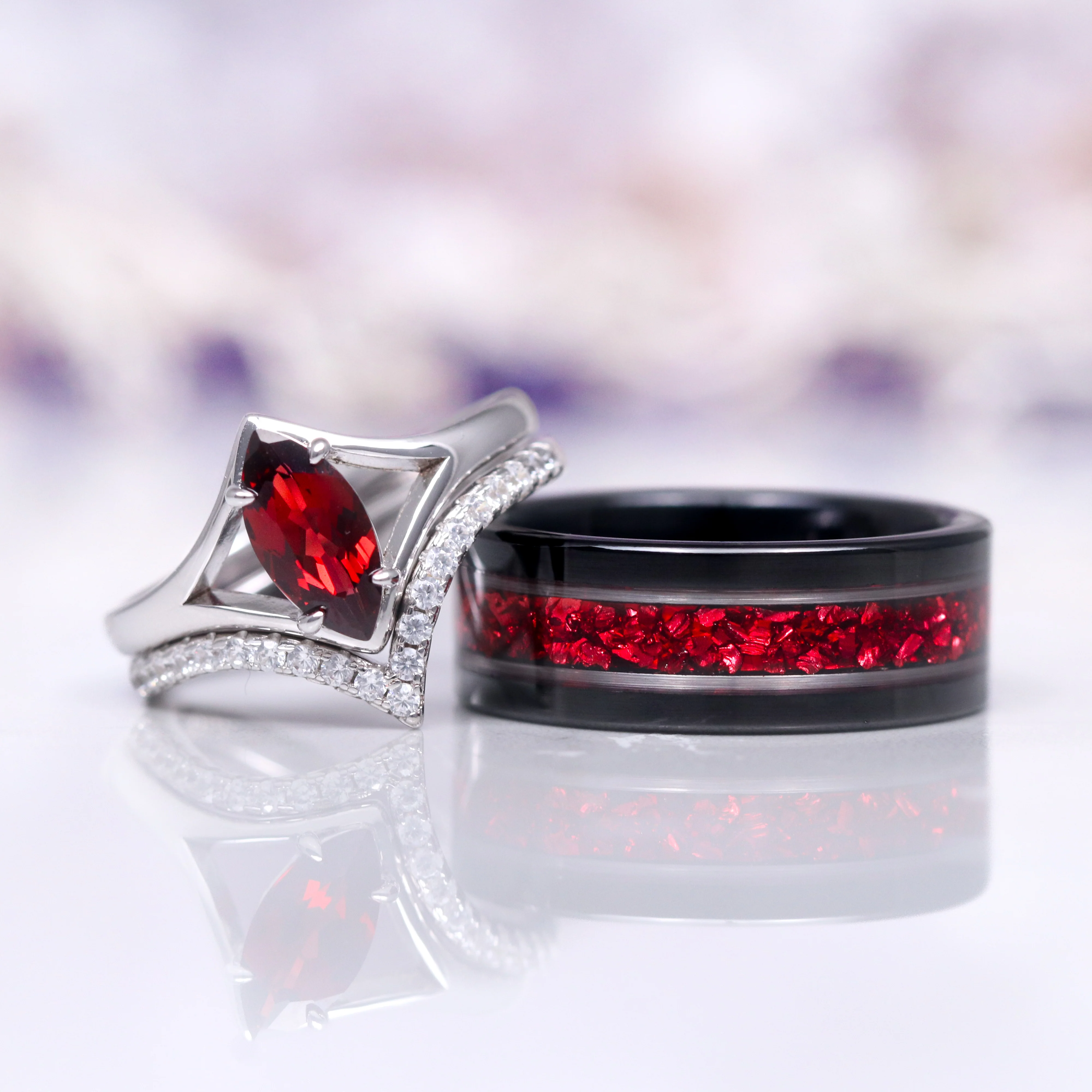 Crushed Red Garnet Wedding Band - 8MM Black Tungsten - Image 3
