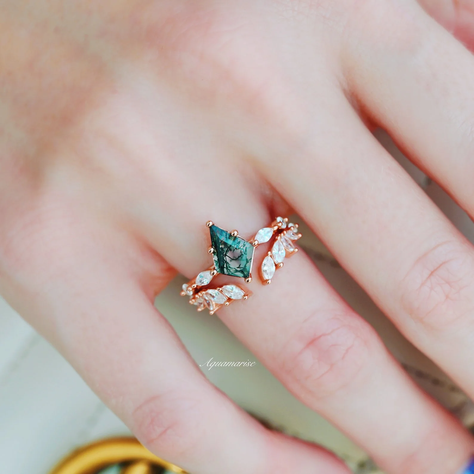 Kite Cut Green Moss Agate Engagement Ring in Solid 14K Rose Gold - Image 2