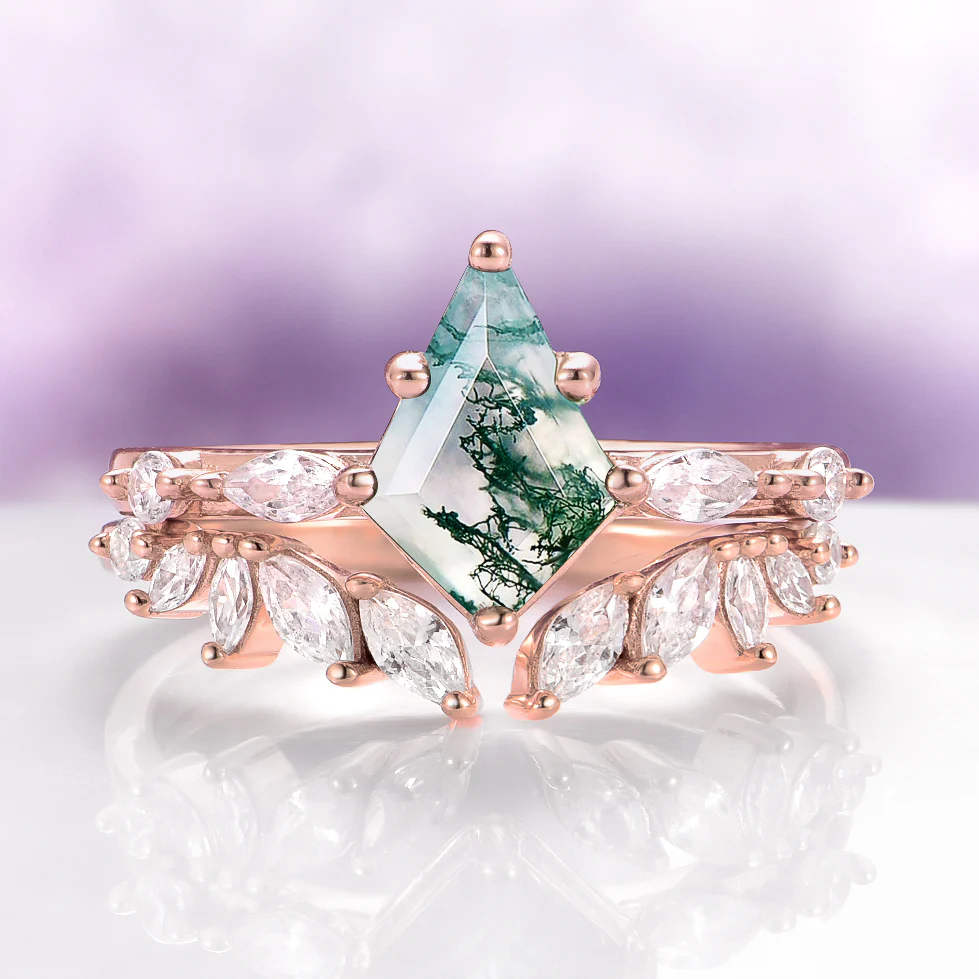 Kite Cut Green Moss Agate Engagement Ring in Solid 14K Rose Gold - Image 4