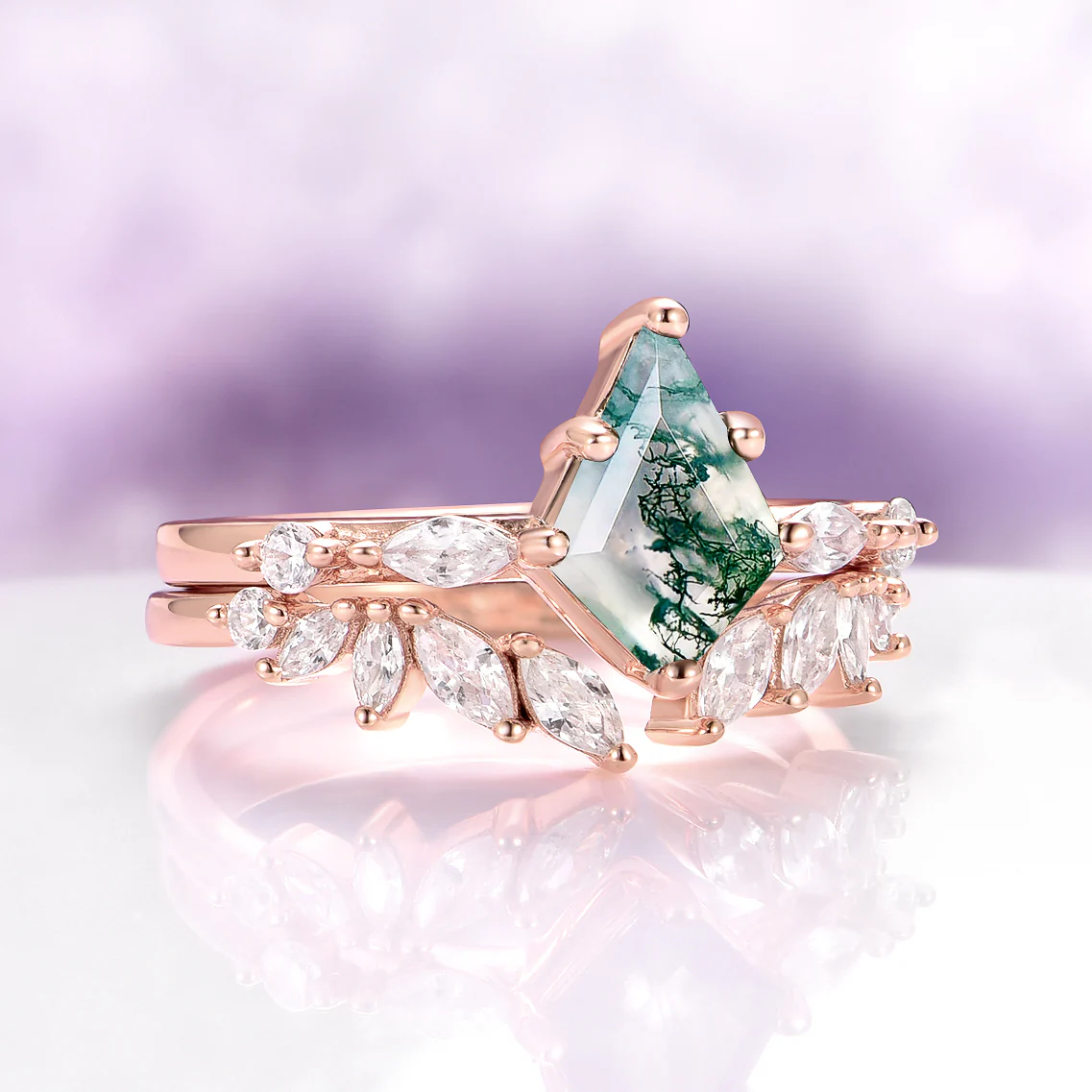 Kite Cut Green Moss Agate Engagement Ring in Solid 14K Rose Gold - Image 5