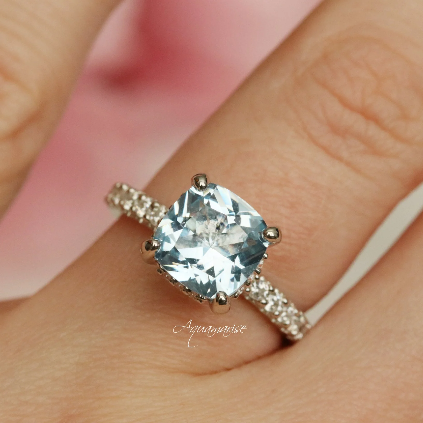 Cushion Cut Aquamarine Ring in Sterling Silver (Hidden Halo) - Image 3