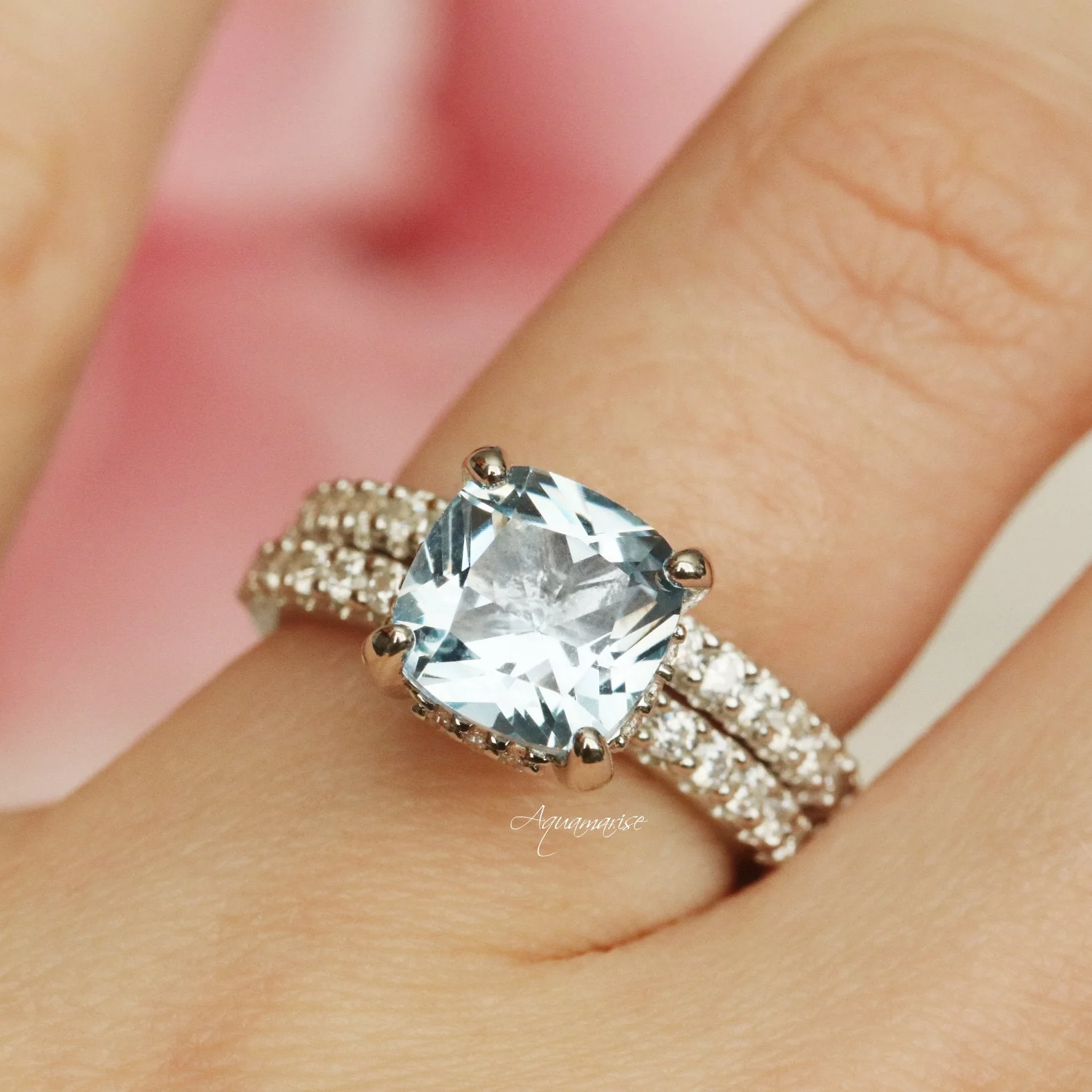 Cushion Cut Aquamarine Ring in Sterling Silver (Hidden Halo) - Image 4