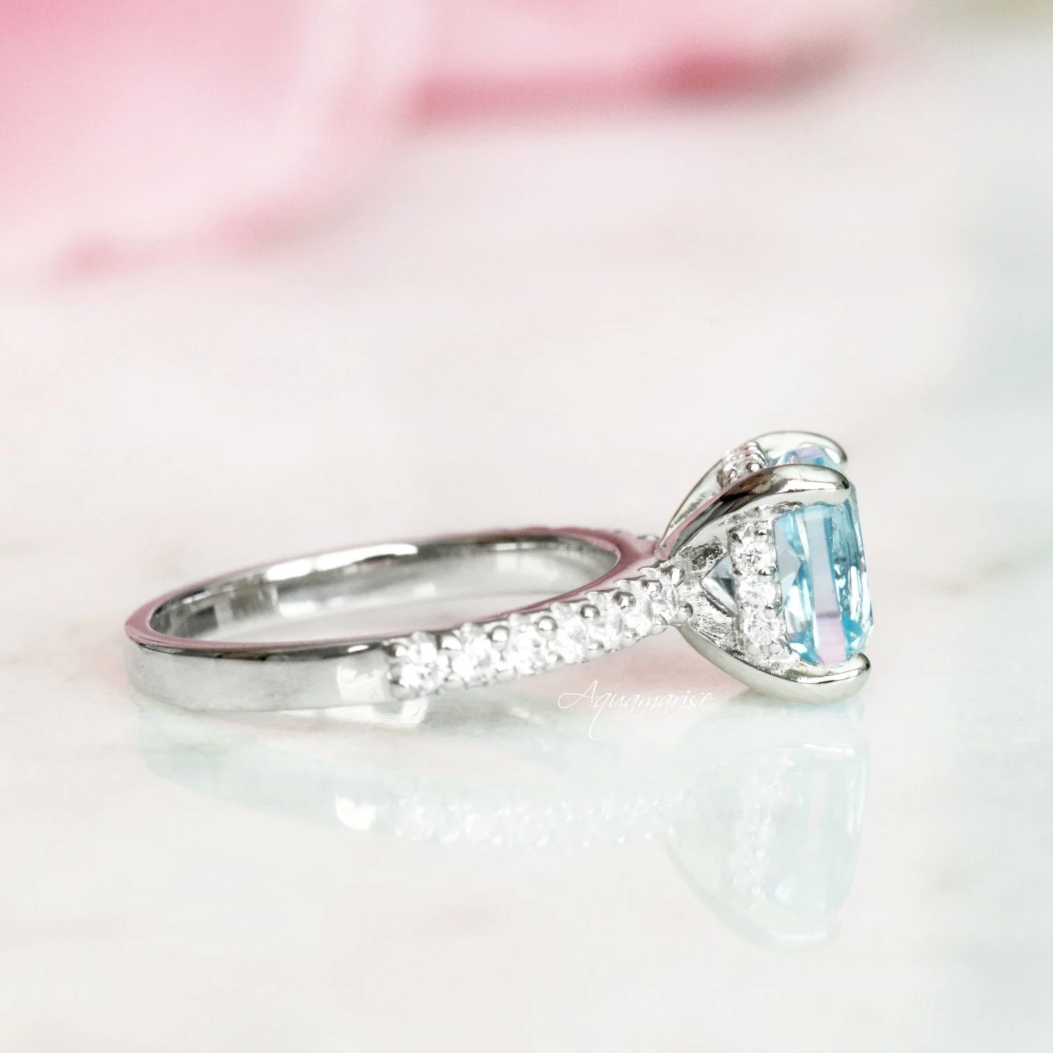 Cushion Cut Aquamarine Ring in Sterling Silver (Hidden Halo) - Image 5
