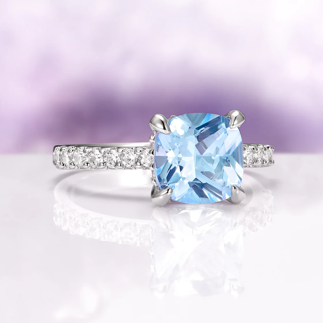 Cushion Cut Aquamarine Ring in Sterling Silver (Hidden Halo) - Image 6
