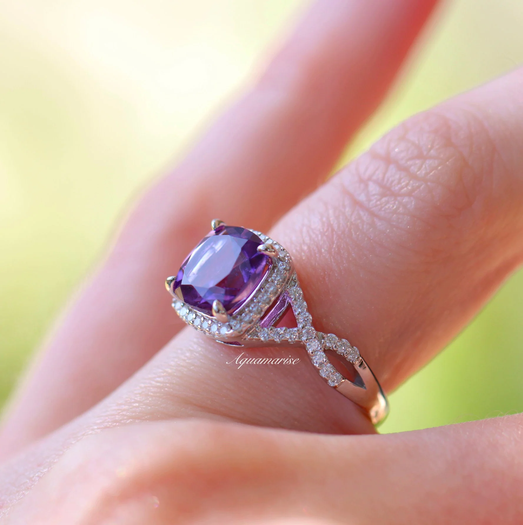 Flair Cushion Cut Natural Amethyst Ring in Sterling Silver - Image 3