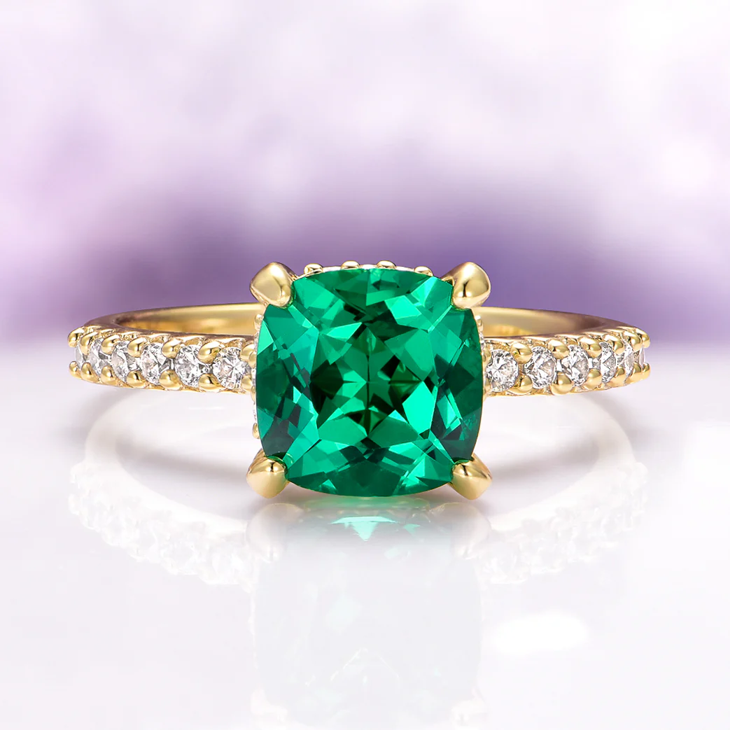 Cushion Cut Emerald Engagement Ring in 14K Solid Yellow Gold (Hidden Halo)