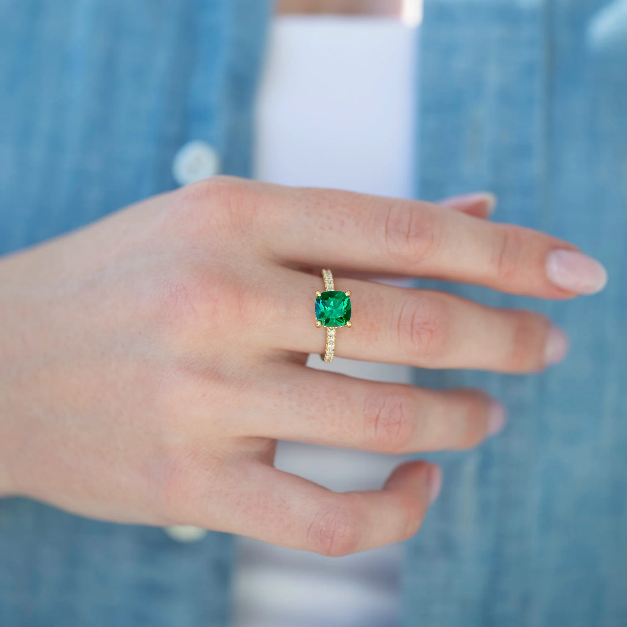 Cushion Cut Emerald Engagement Ring in 14K Solid Yellow Gold (Hidden Halo) - Image 2