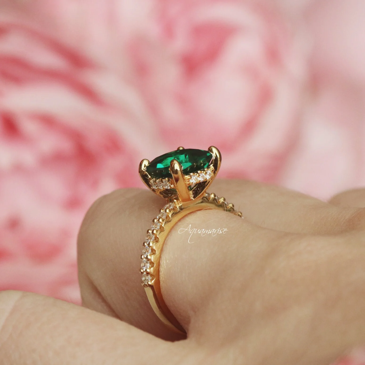Cushion Cut Emerald Engagement Ring in 14K Solid Yellow Gold (Hidden Halo) - Image 5