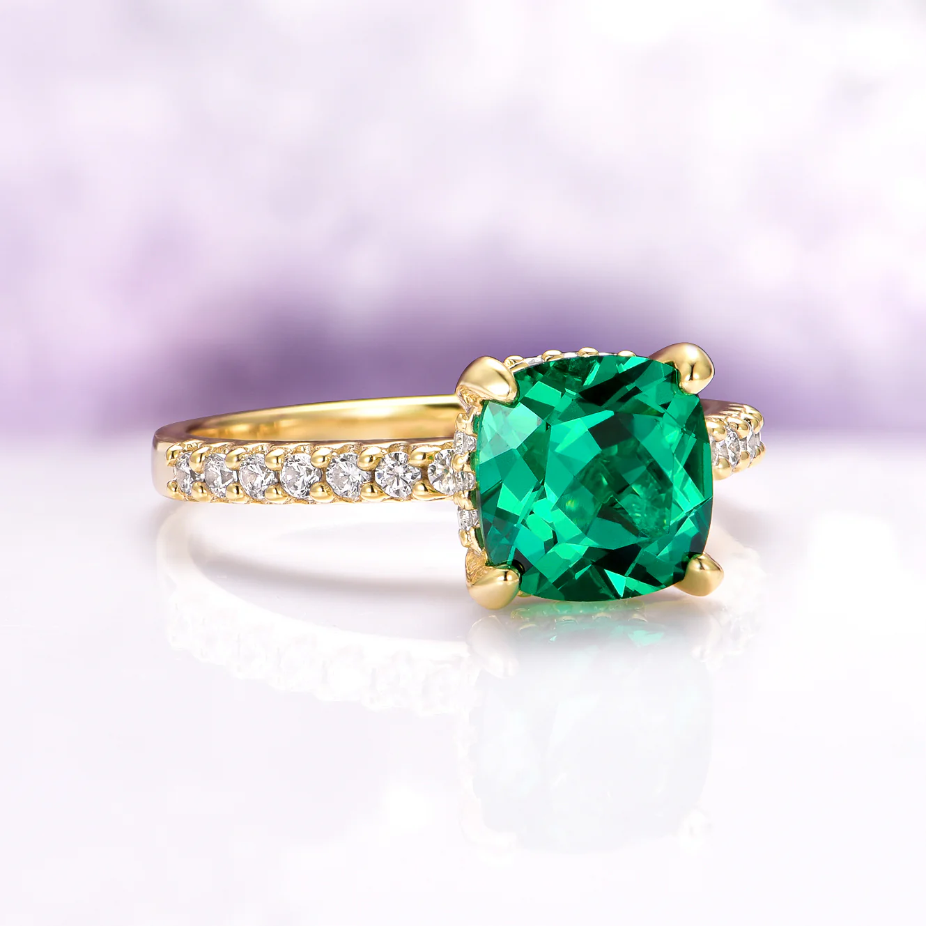 Cushion Cut Emerald Engagement Ring in 14K Solid Yellow Gold (Hidden Halo) - Image 6