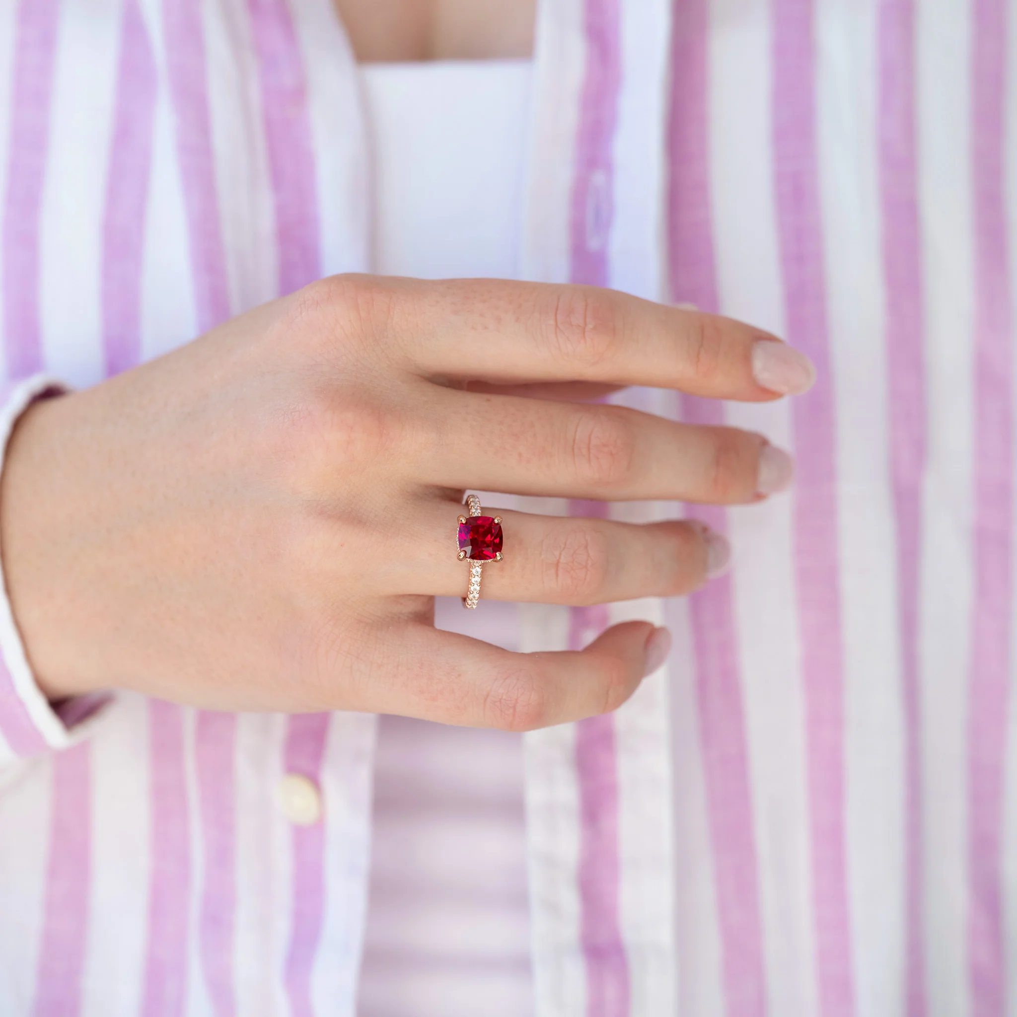 Hidden Halo Cushion Cut Ruby Ring in 14K Rose Gold Vermeil - Image 2