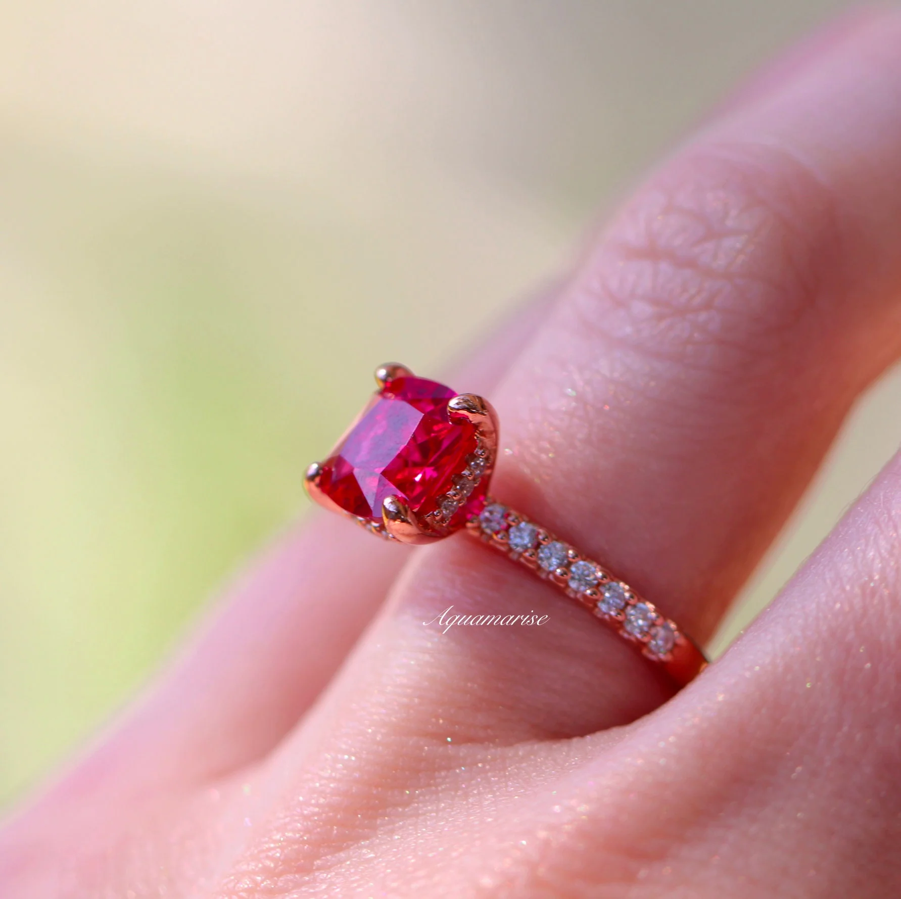 Hidden Halo Cushion Cut Ruby Ring in 14K Rose Gold Vermeil - Image 3
