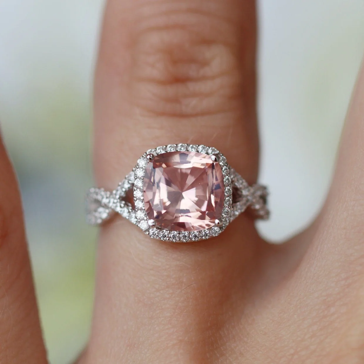 Flair Cushion Cut Morganite Twisted Engagement Ring in Sterling Silver - Image 2
