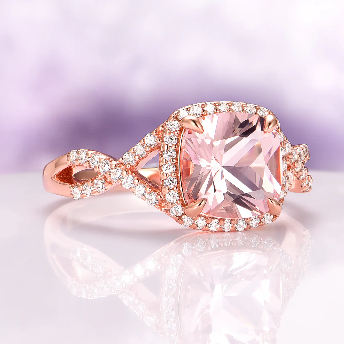 Flair Cushion Cut Morganite Engagement Ring in 14K Rose Gold Vermeil - Image 4