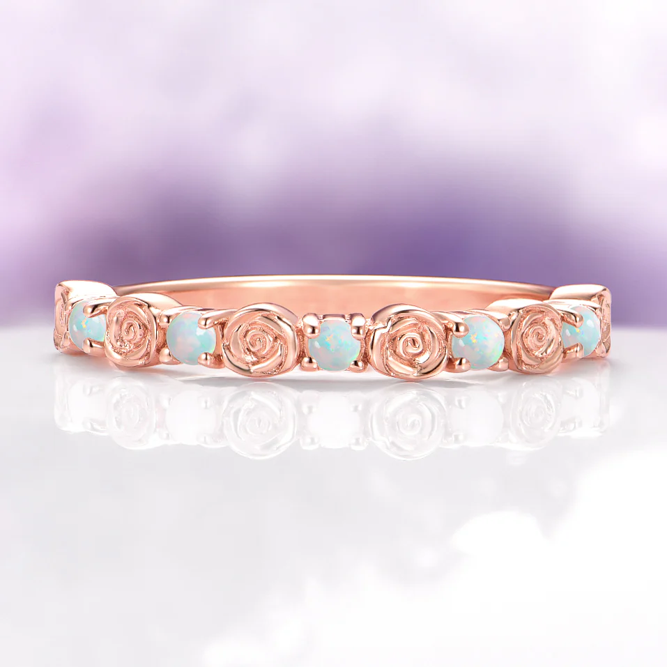 Dainty Rose Australian Opal Wedding Band in 14K Solid Rose Gold