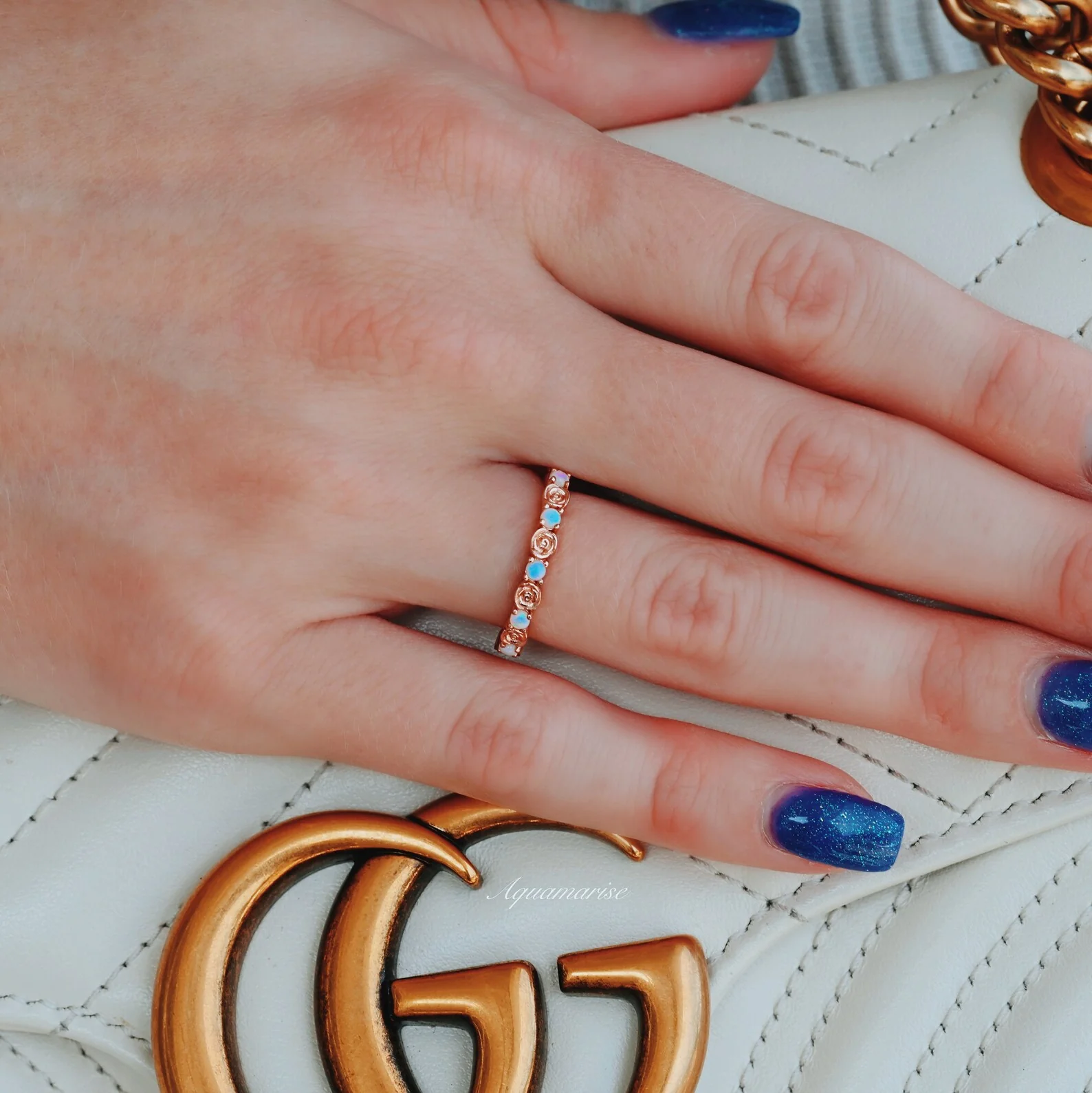Dainty Rose Australian Opal Wedding Band in 14K Solid Rose Gold - Image 2