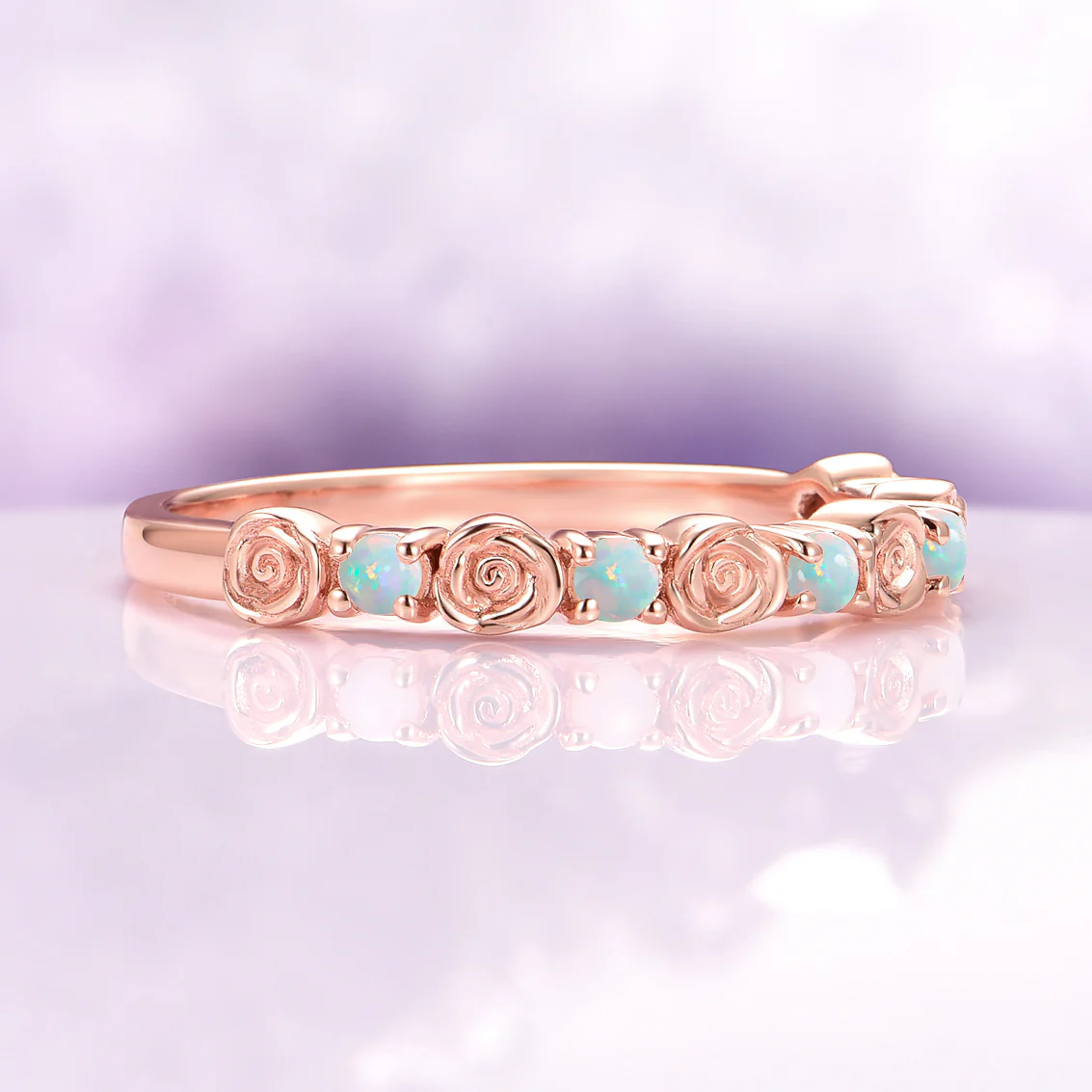 Dainty Rose Australian Opal Wedding Band in 14K Solid Rose Gold - Image 4
