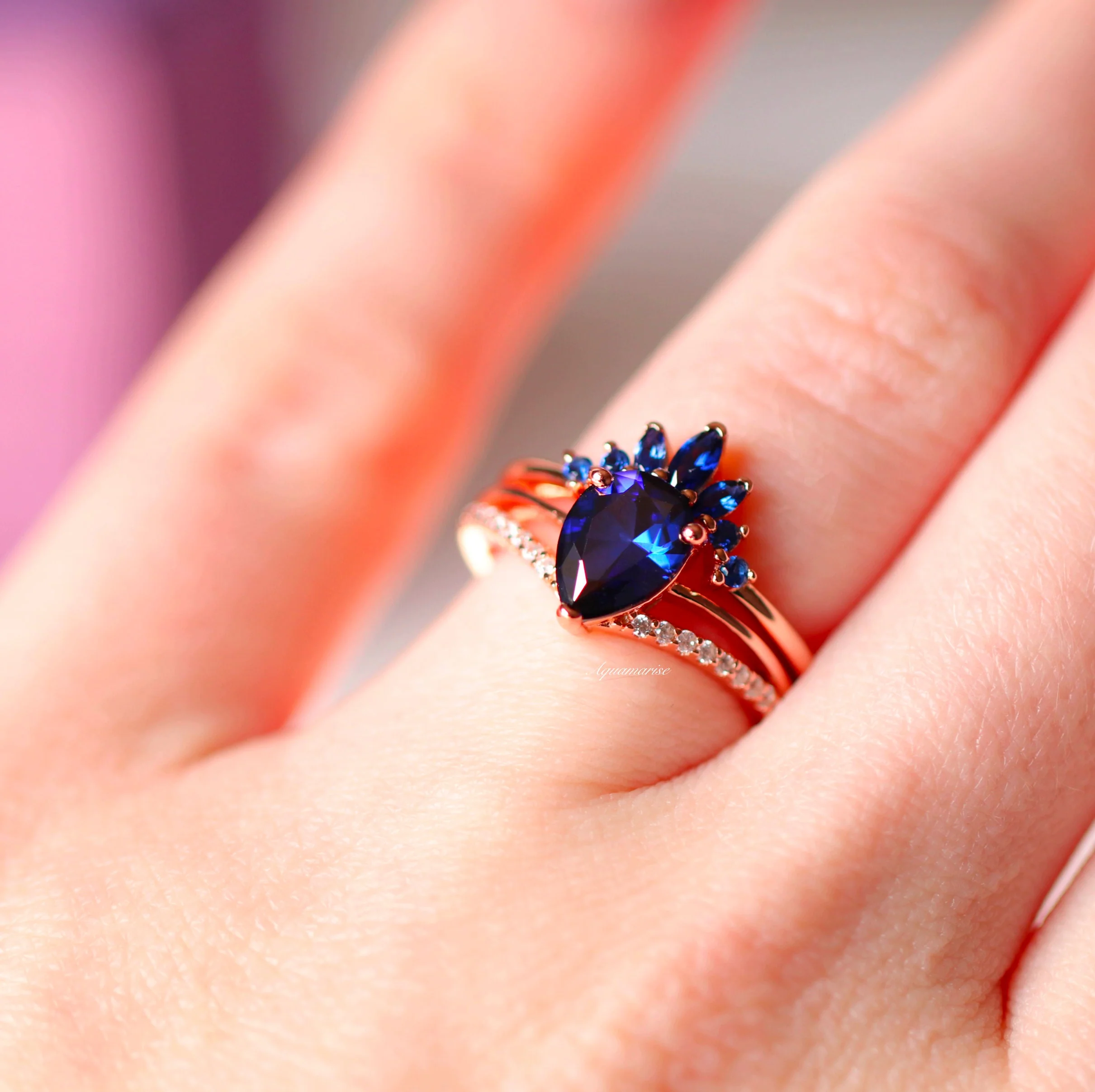 Dakota Teardrop Blue Sapphire Ring Set in 14K Rose Gold Vermeil - Image 2
