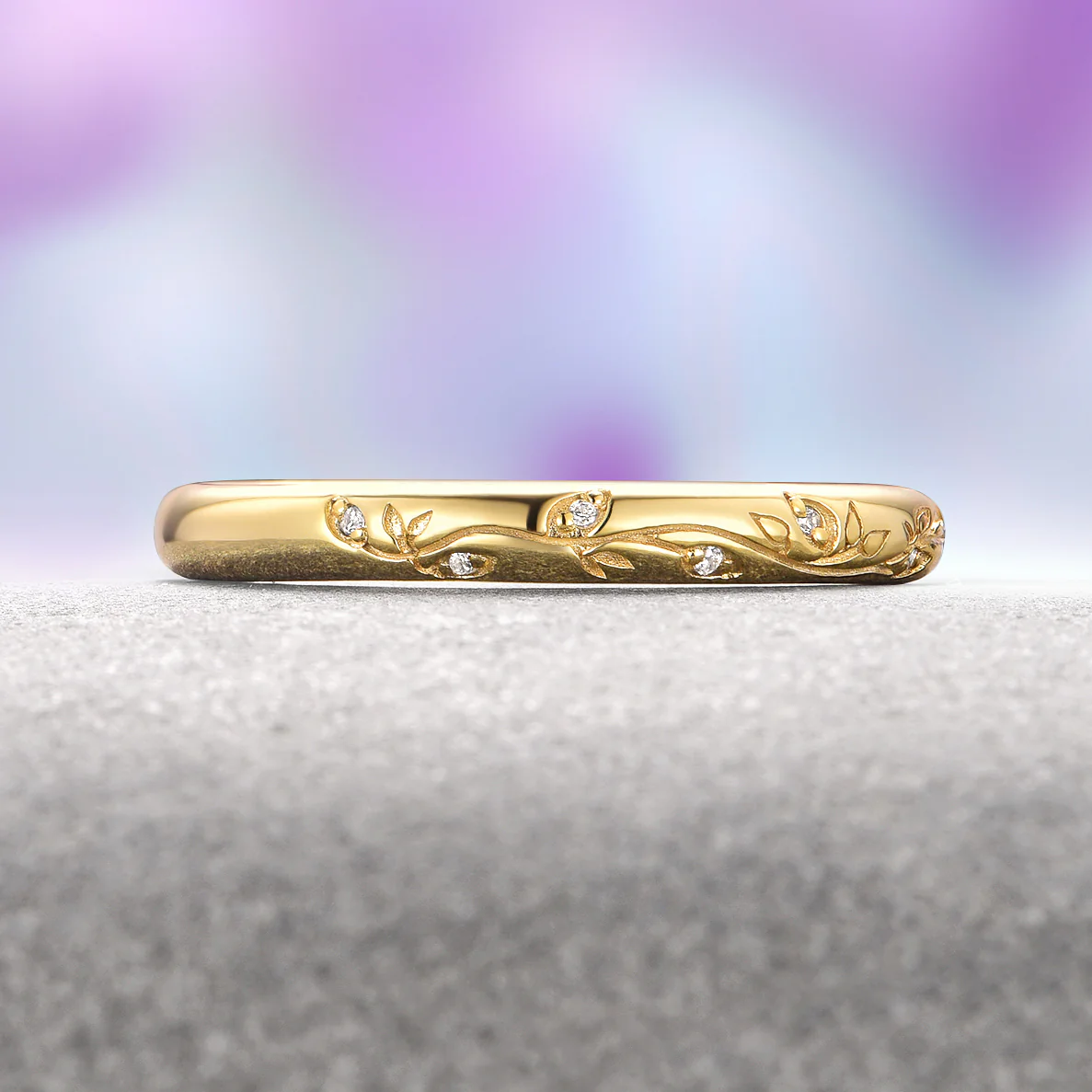 Diamond Leaf Wedding Band in 14K Solid Yellow Gold - Image 2