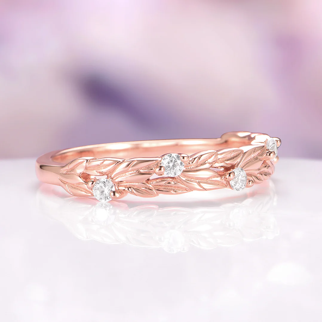 Diamond Leaf Wedding Band in Solid 14K Rose Gold - Image 2