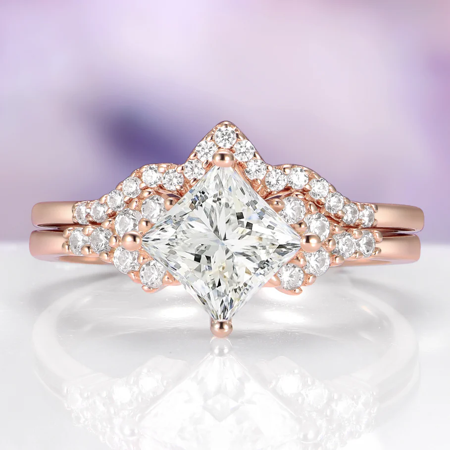 Diamond V-Shaped Contour Wedding Ring in Solid 14K Rose Gold - Image 2