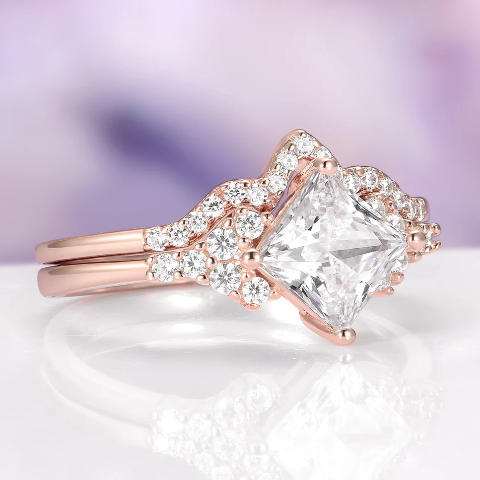 Diamond V-Shaped Contour Wedding Ring in Solid 14K Rose Gold - Image 3