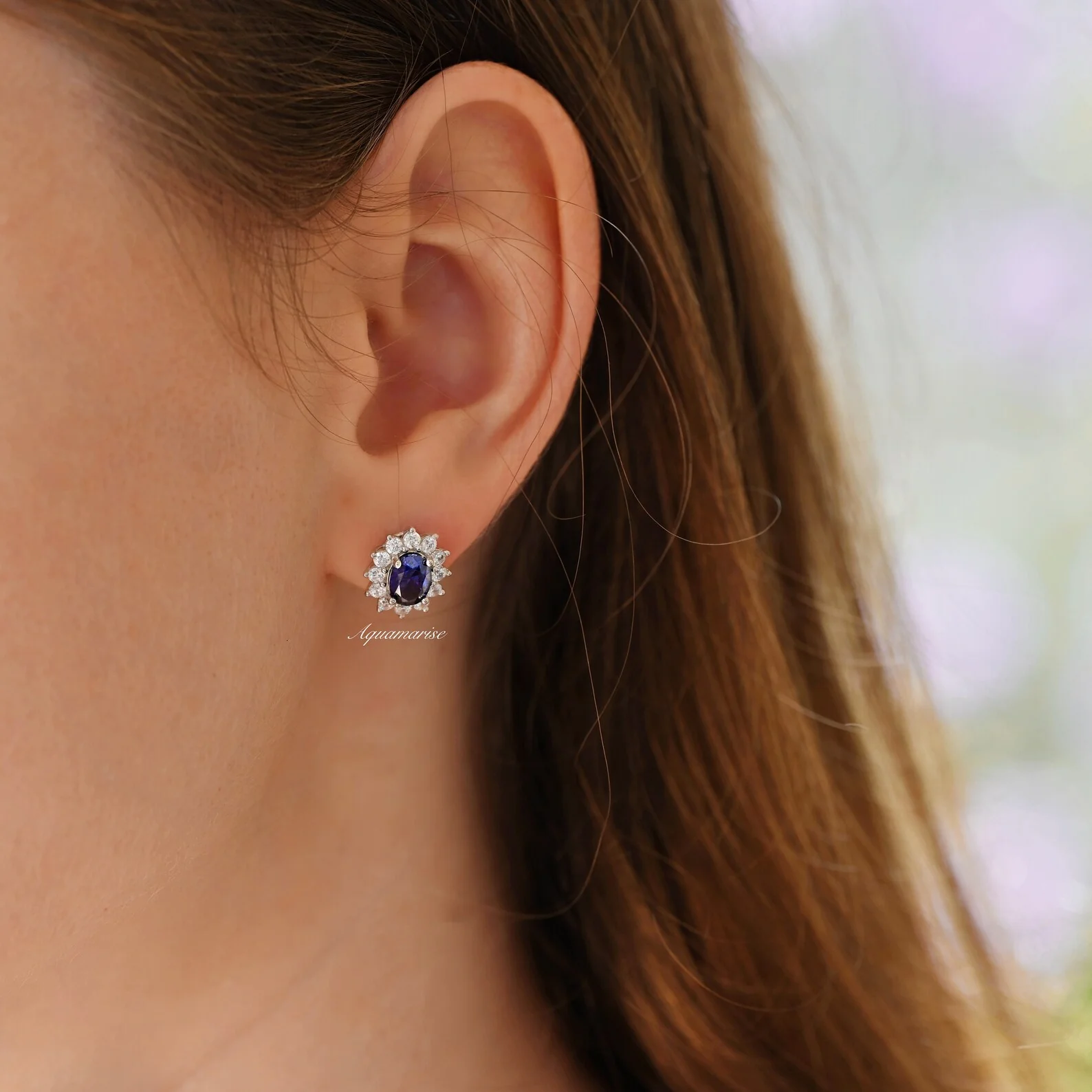 Princess Diana Blue Sapphire Stud Earrings in Sterling Silver - Image 2