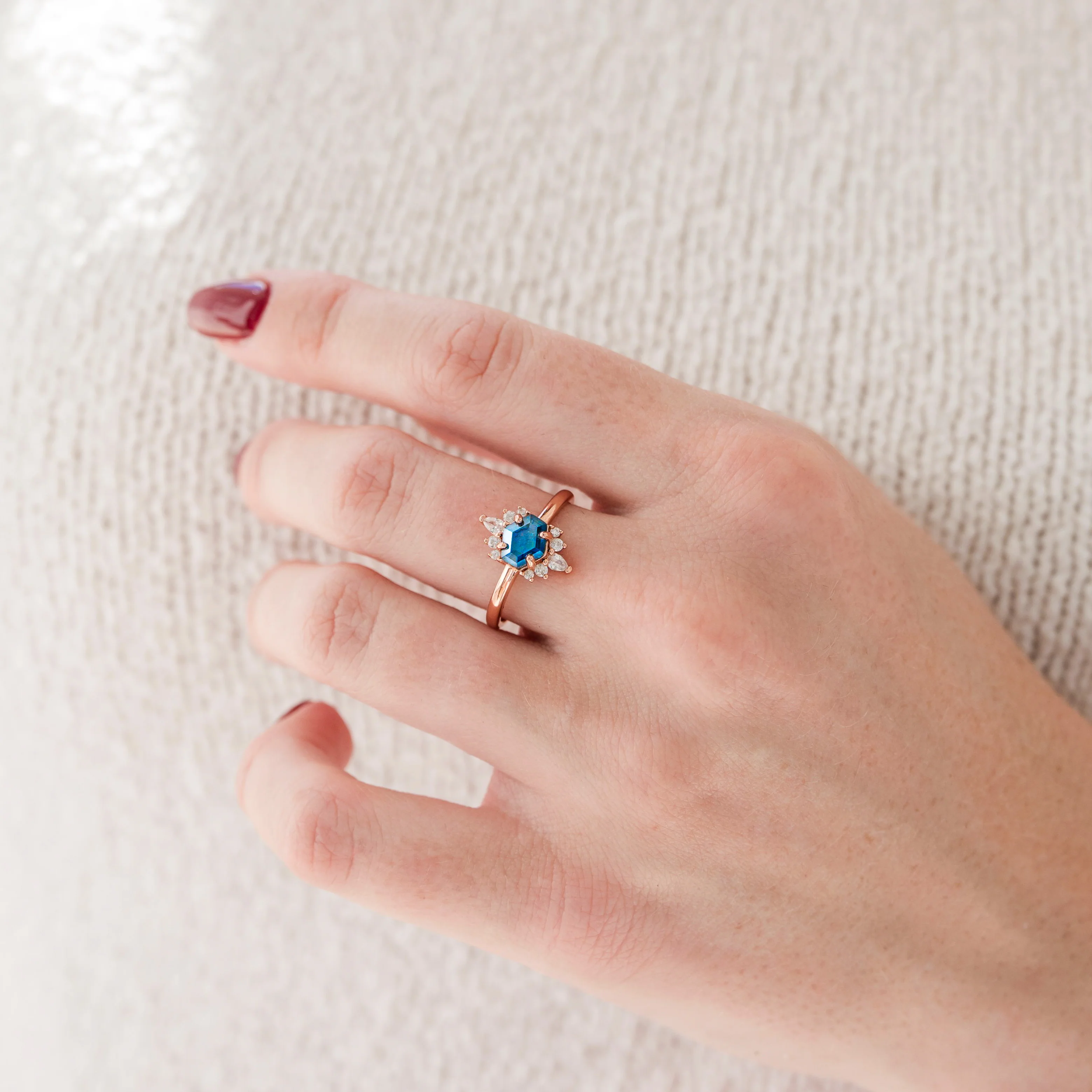 East-West Hexagon London Blue Topaz Ring in Rose Gold Vermeil - Image 2