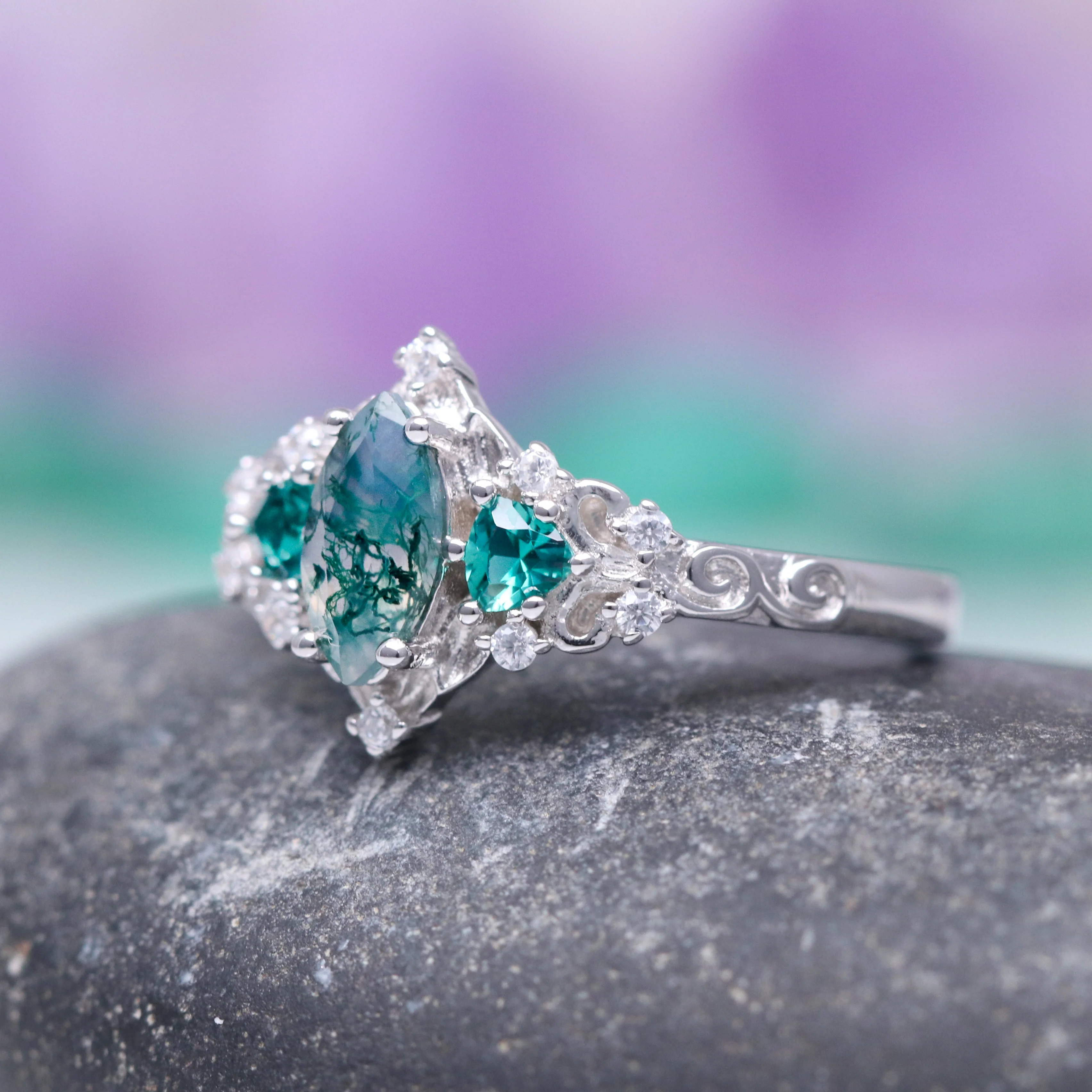 Elain Moss Agate & Teal Sapphire Leaf Ring- Sterling Silver - Image 3