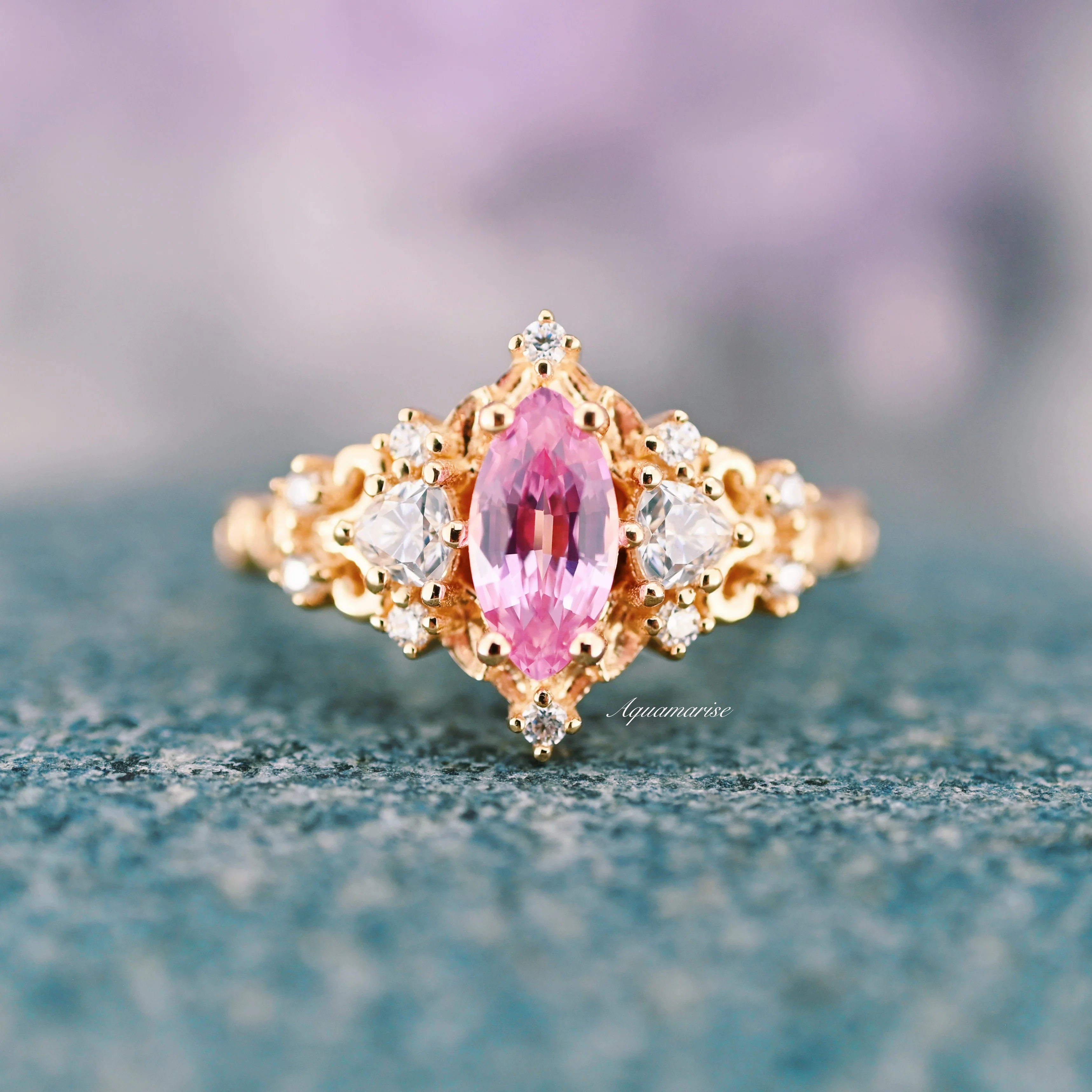 Elain Marquise Pink Sapphire Fairy Leaf Engagement Ring in 14K Solid Yellow Gold - Image 3