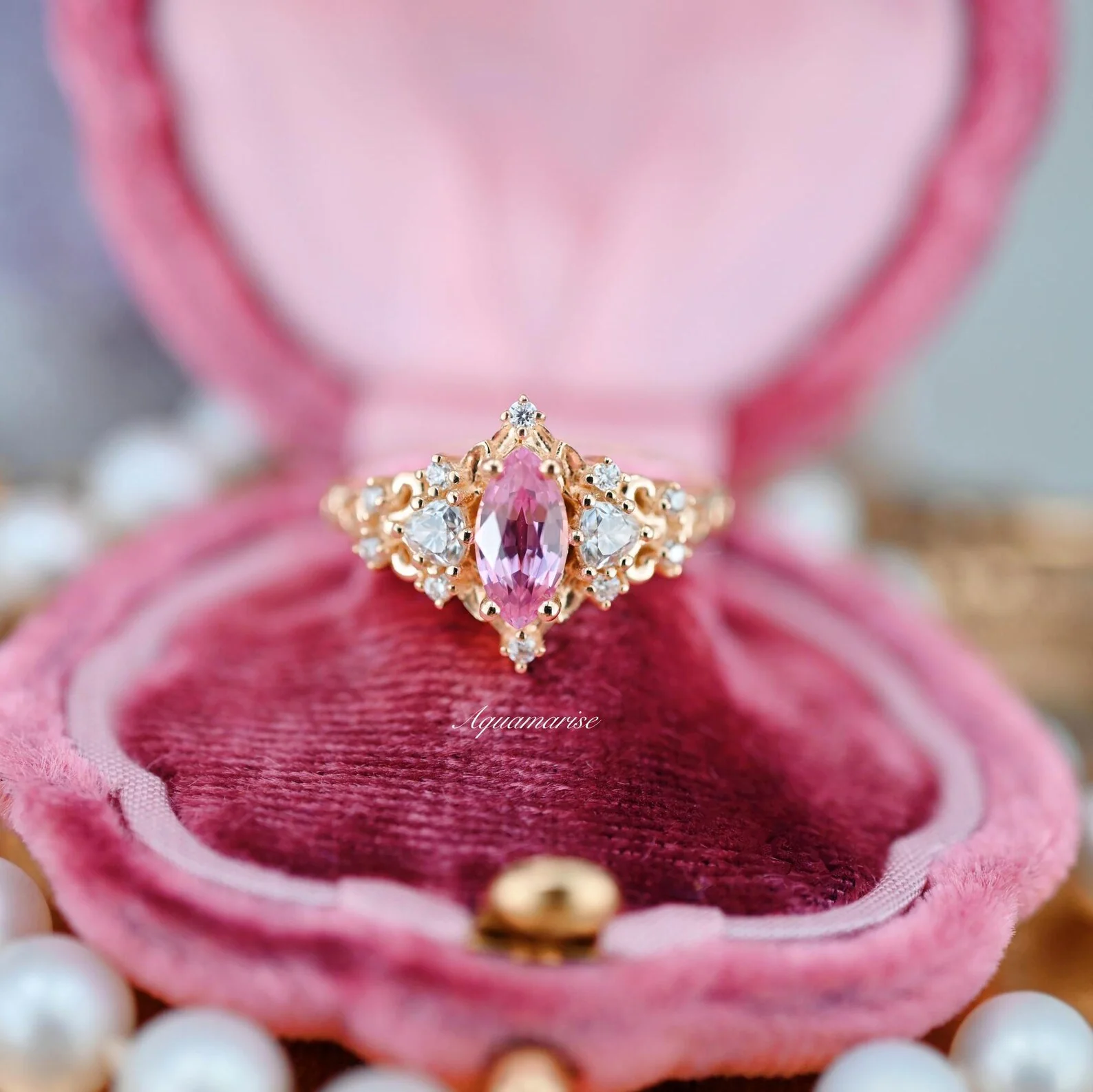 Elain Marquise Pink Sapphire Fairy Leaf Engagement Ring in 14K Solid Yellow Gold - Image 5