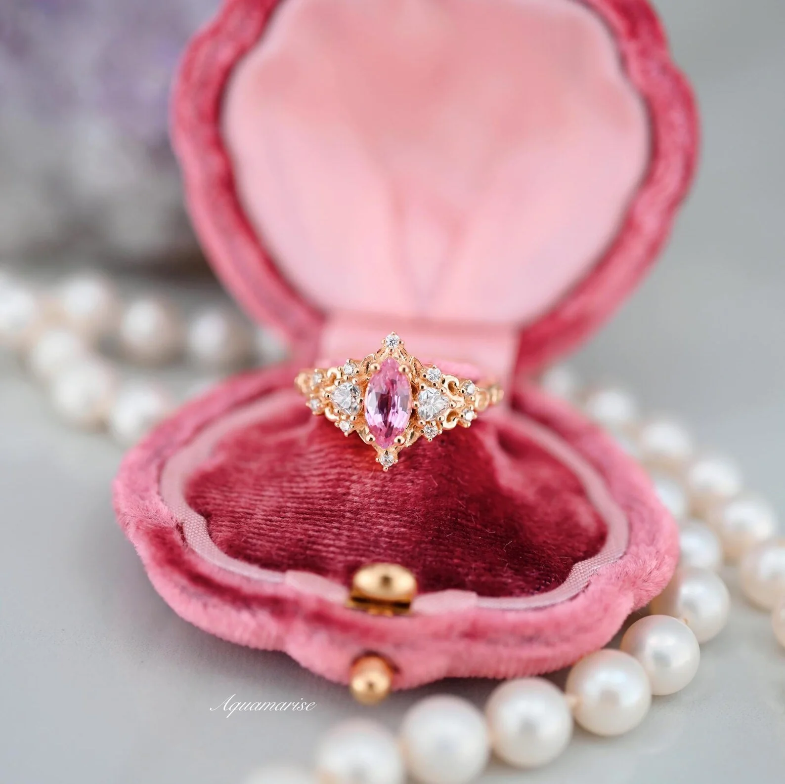 Elain Marquise Pink Sapphire Fairy Leaf Engagement Ring in 14K Solid Yellow Gold - Image 6