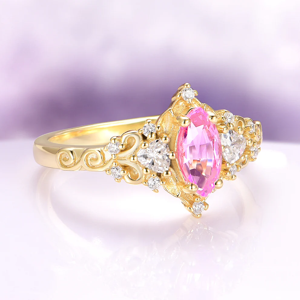 Elain Marquise Pink Sapphire Fairy Leaf Engagement Ring in 14K Solid Yellow Gold - Image 7
