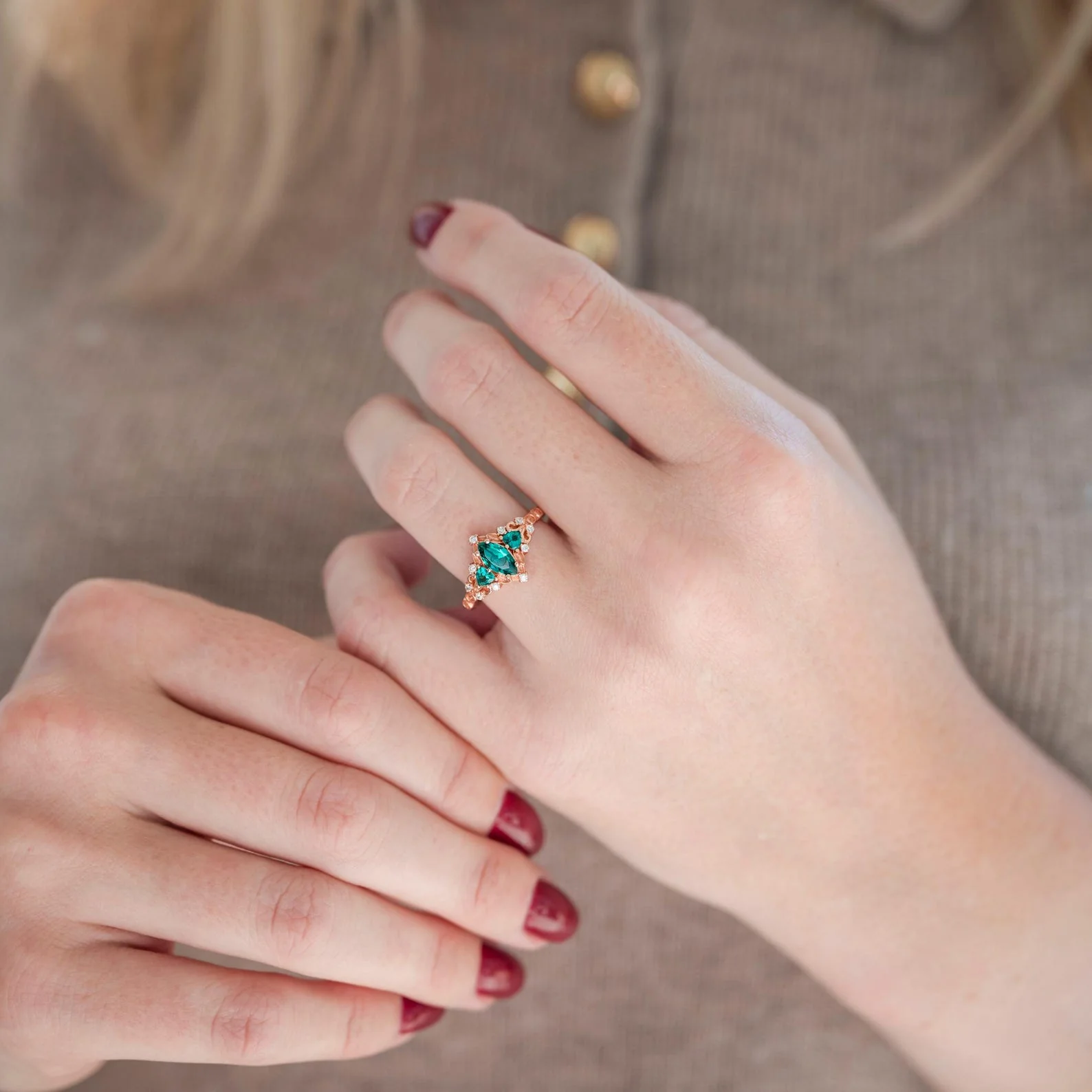 Elain Teal Sapphire Fairy Engagement Ring in 14K Solid Rose Gold - Image 3