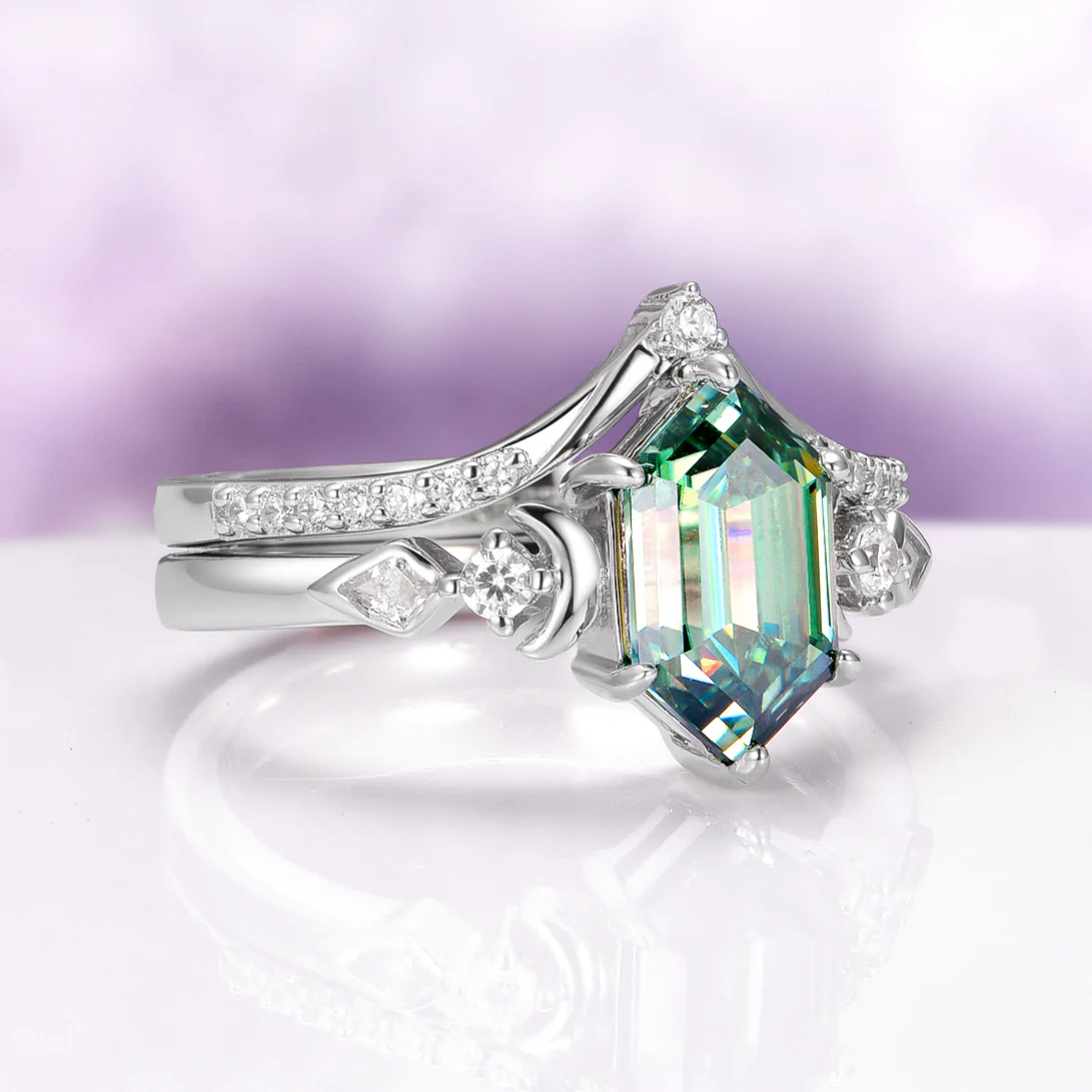 Elara Hexagon Pacific Green Moissanite & Crescent Moon Ring Set in Sterling Silver - Image 6