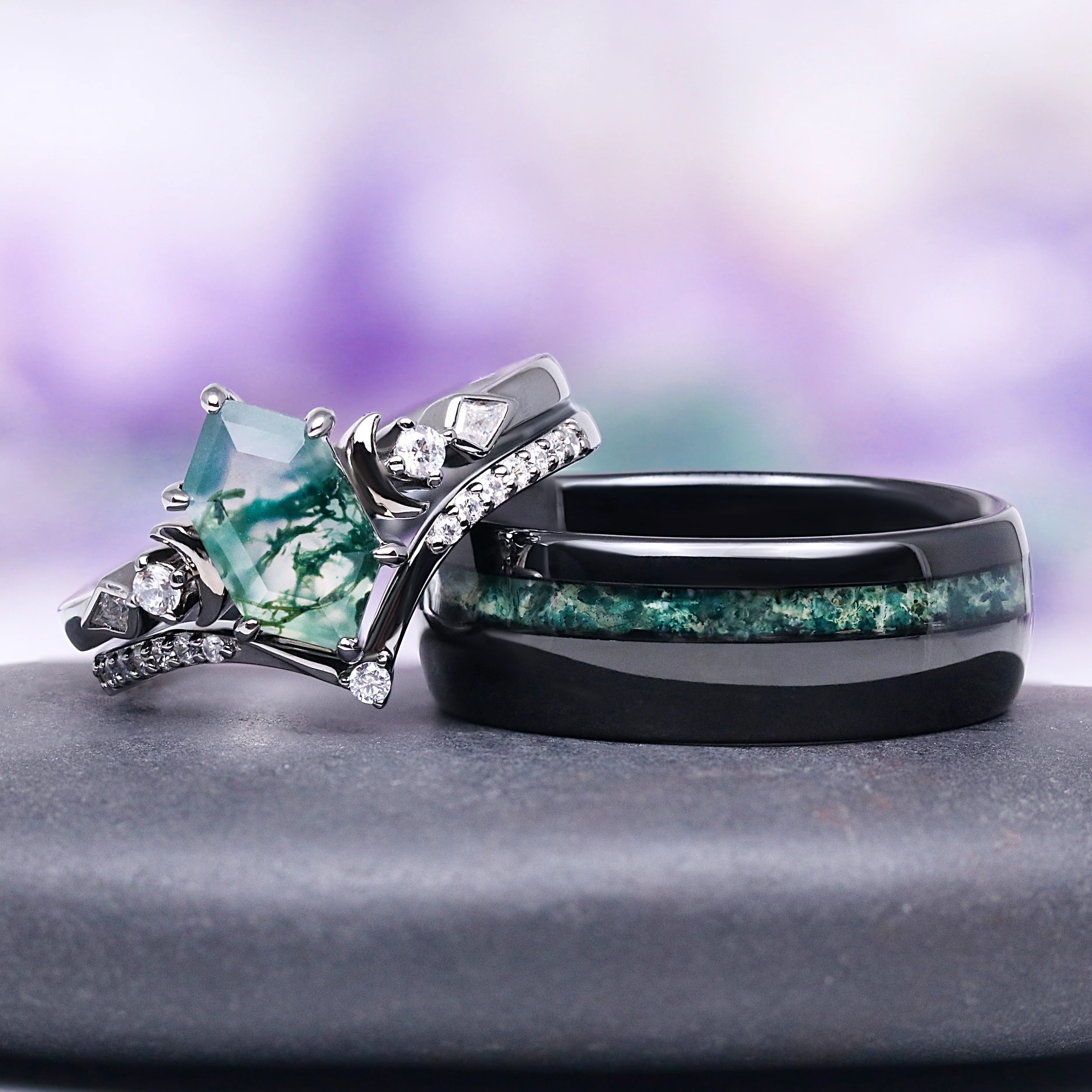 Elara Hexagon Green Moss Agate & Crescent Moon Ring Set in Black Ruthenium - Image 2