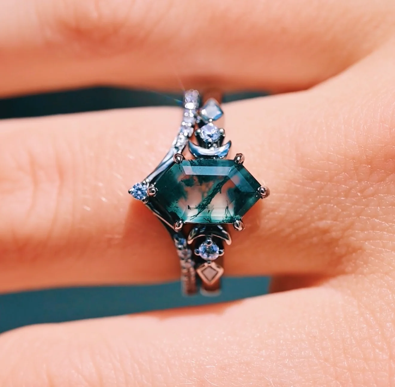 Elara Moss Agate Crescent Moon Couples Ring Set - Image 2