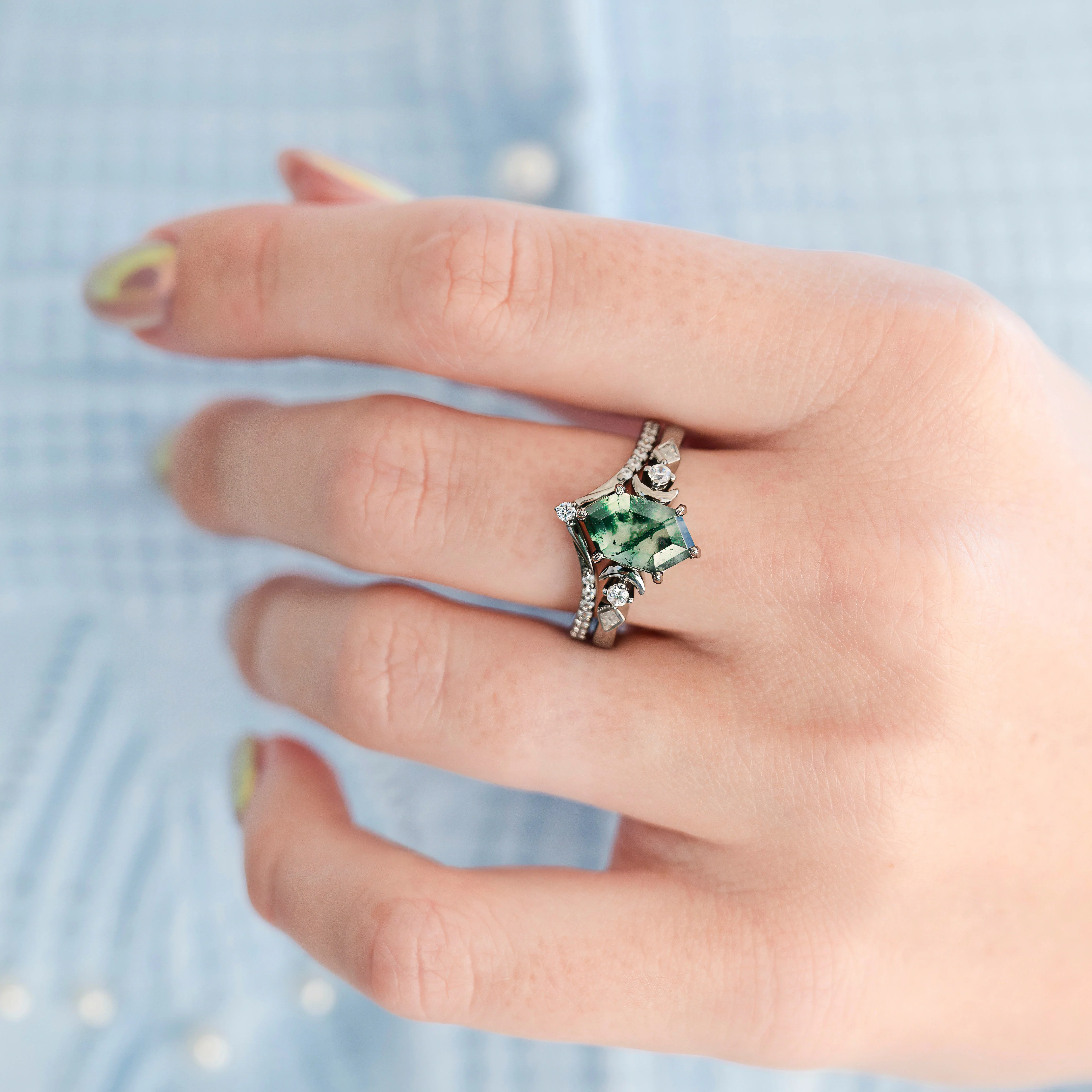 Elara Moss Agate Crescent Moon Couples Ring Set - Image 5