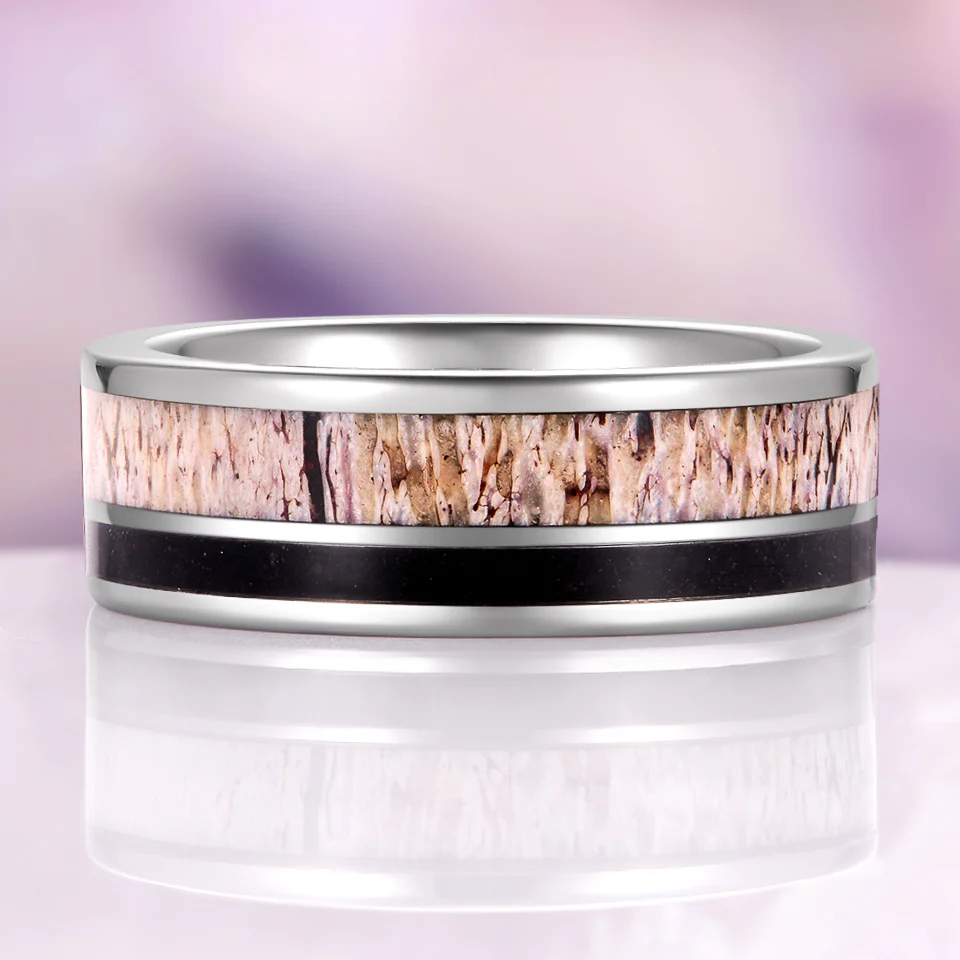 Elk Antler & Black Obsidian Tungsten Carbide Wedding Band (8mm) - Image 2