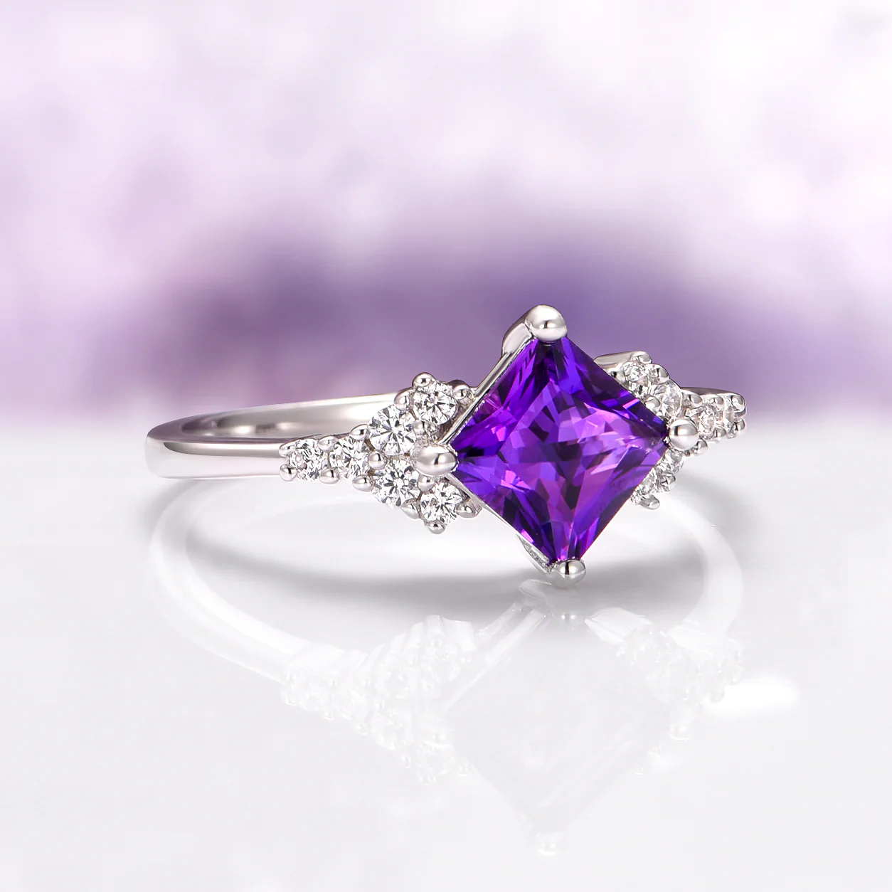 Ellie Princess Cut Amethyst Engagement Ring in 14K White Gold - Image 5
