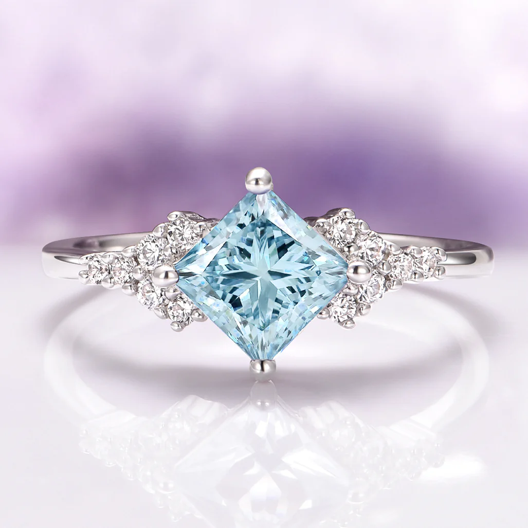 Ellie Princess Cut Aquamarine Engagement Ring in 14K White Gold