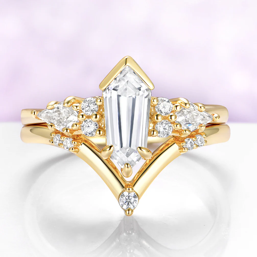Elongated Hexagon Moissanite Engagement Ring Set in Solid 14K Yellow Gold