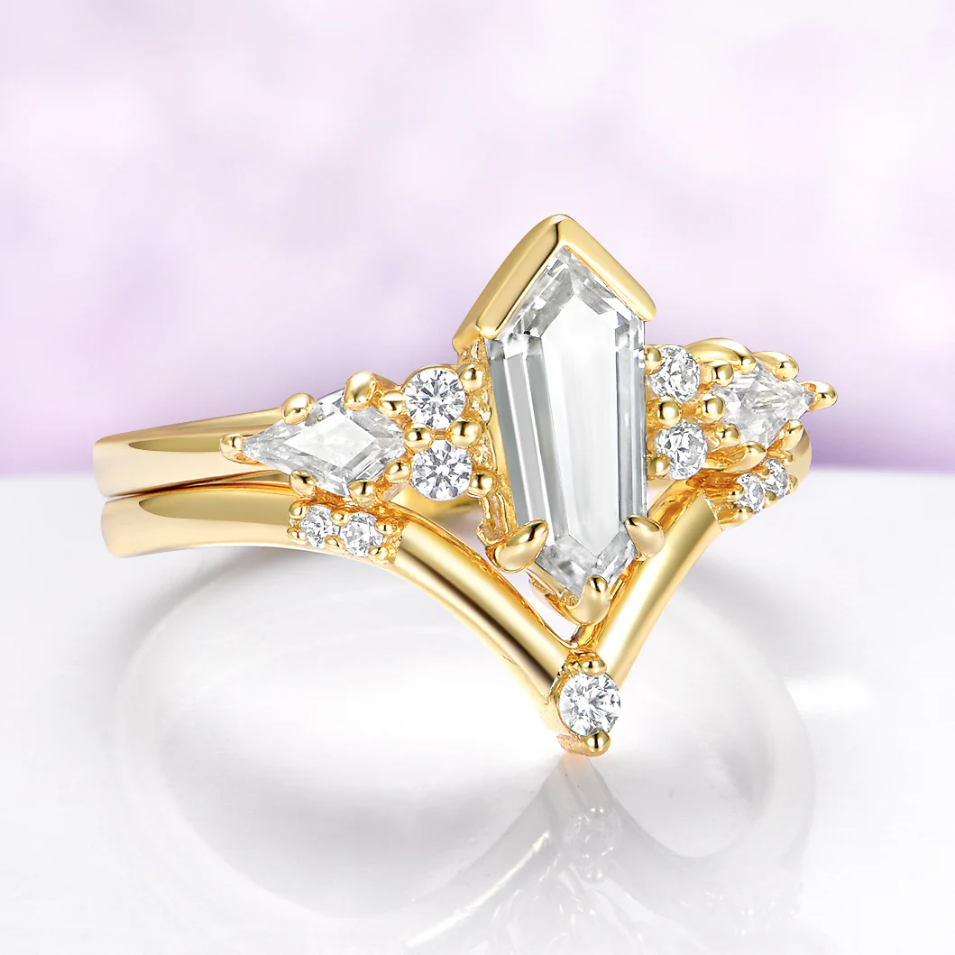 Elongated Hexagon Moissanite Engagement Ring Set in Solid 14K Yellow Gold - Image 2