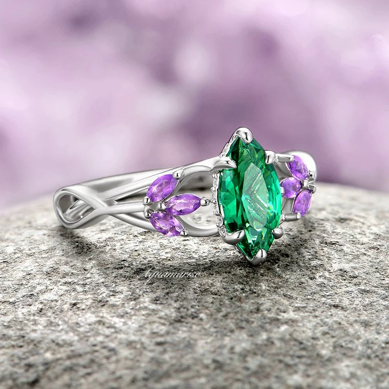 Emerald & Amethyst Mystical Fairy Ring- 14K White Gold - Image 2