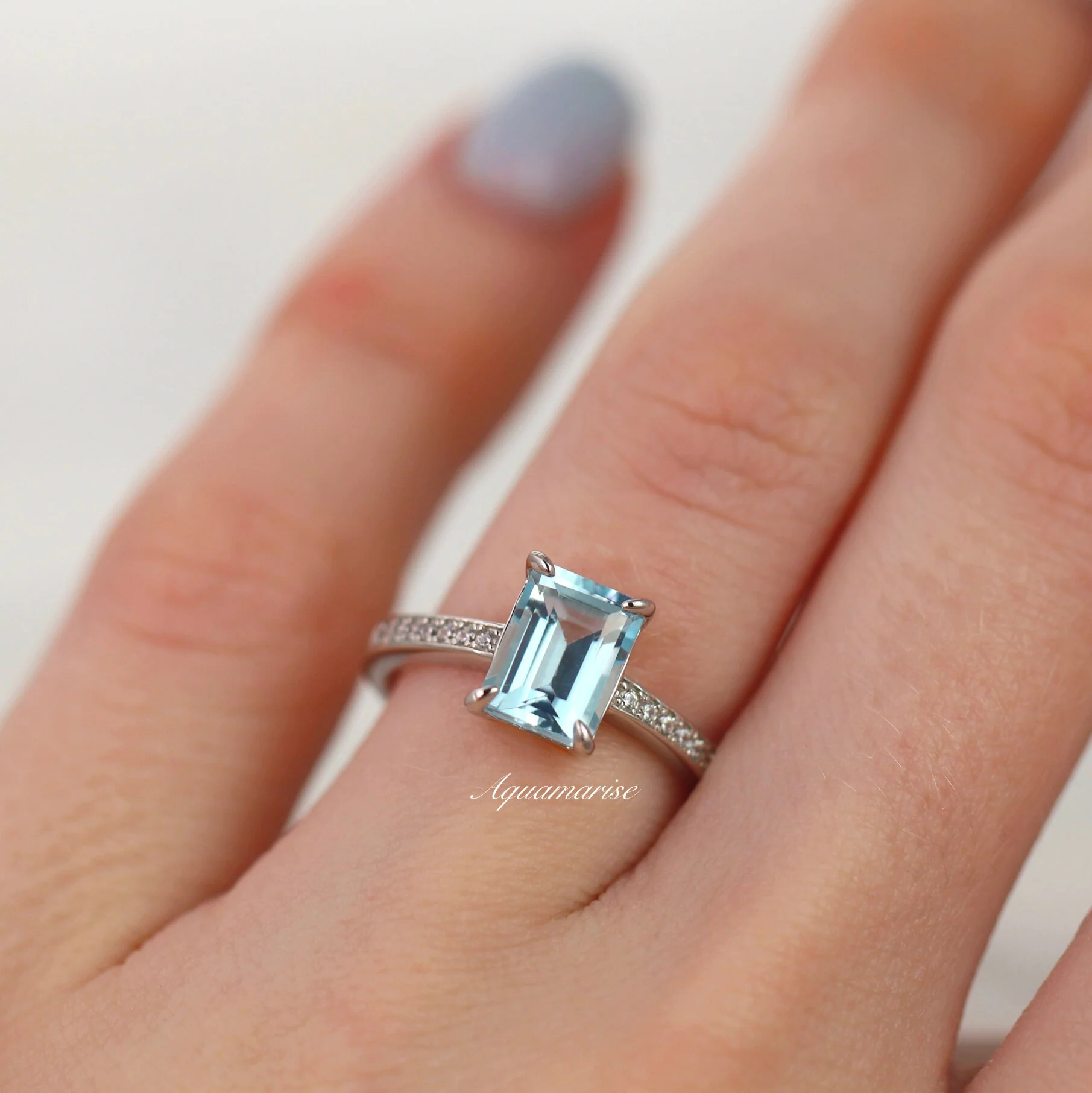 Ava Emerald Cut Aquamarine Engagement Ring in Sterling Silver - Image 2