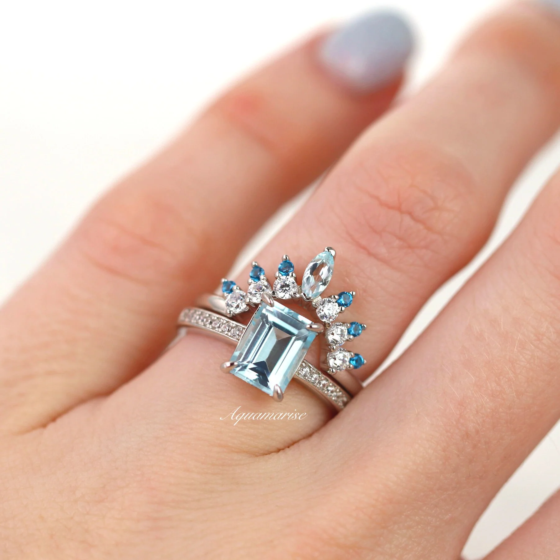 Ava Emerald Cut Aquamarine Engagement Ring in Sterling Silver - Image 3